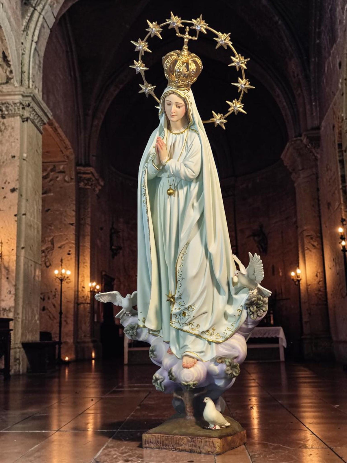 Hand-Painted Our Lady of Peace Statue 40cm Marian Figurine with Doves, Gold Accents, Home Altar Decor