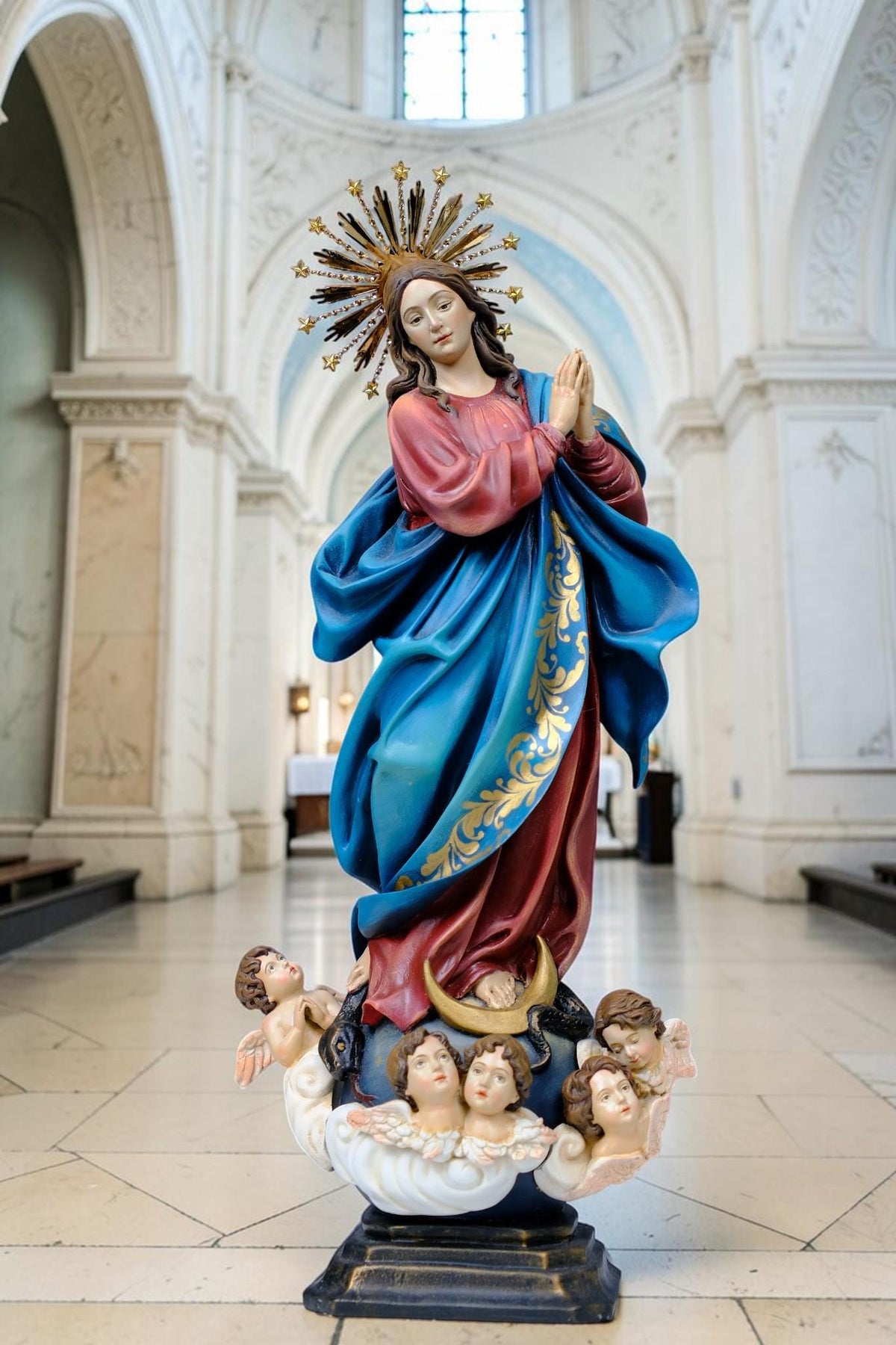 Hand-Painted Immaculate Conception Statue, Virgin Mary with Angels, 32cm Home Altar Decor