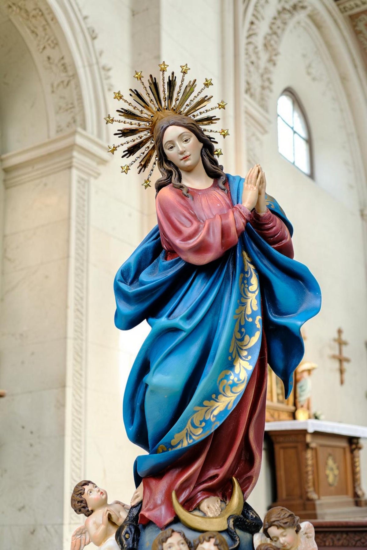 Hand-Painted Immaculate Conception Statue, Virgin Mary with Angels, 32cm Home Altar Decor