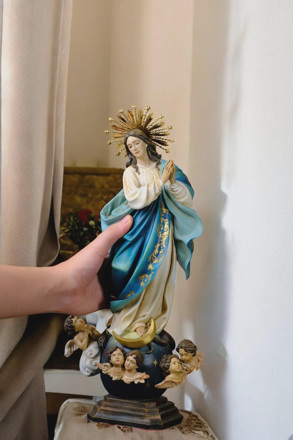 Hand-Painted Immaculate Conception Statue, Virgin Mary with Angels, 32cm Home Altar Decor