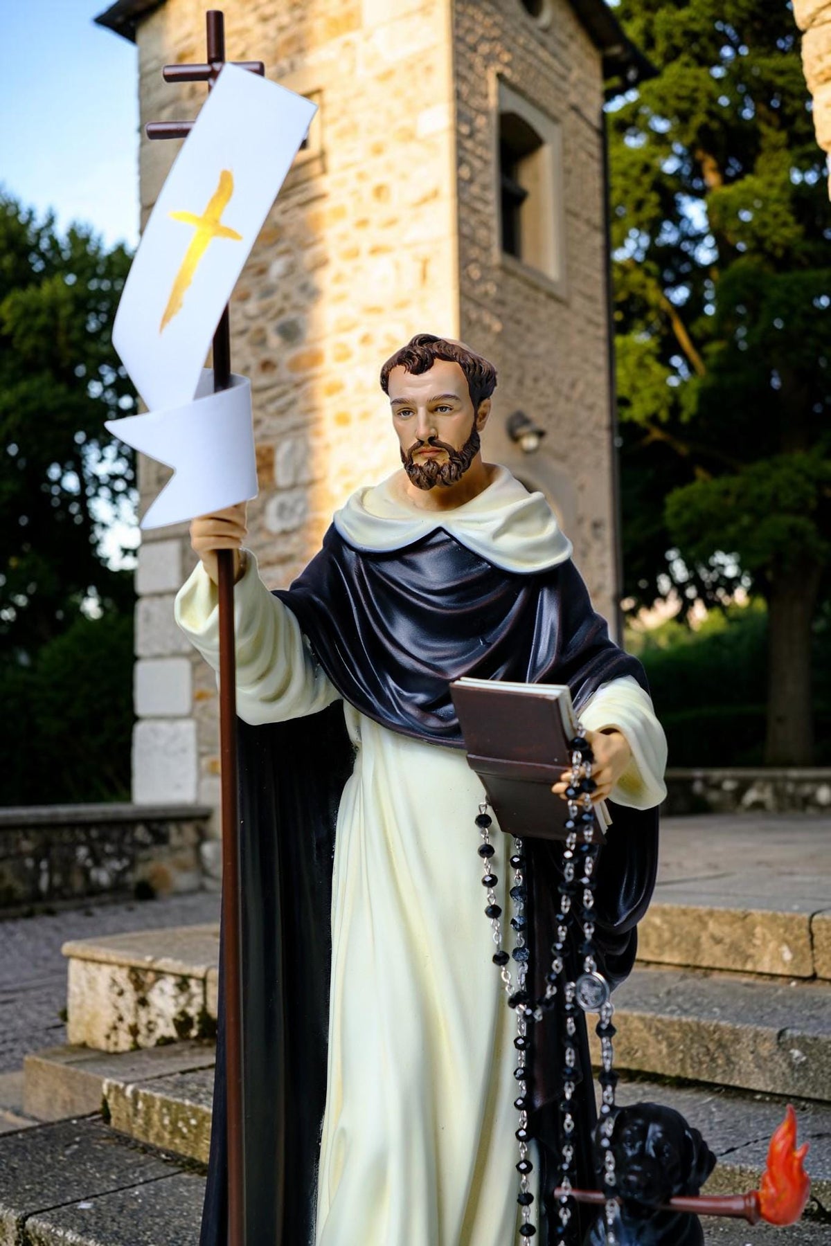 Hand-Painted Saint Dominic Statue, 30cm Catholic Figurine with Rosary, Dog, Book (Home Altar Decor)