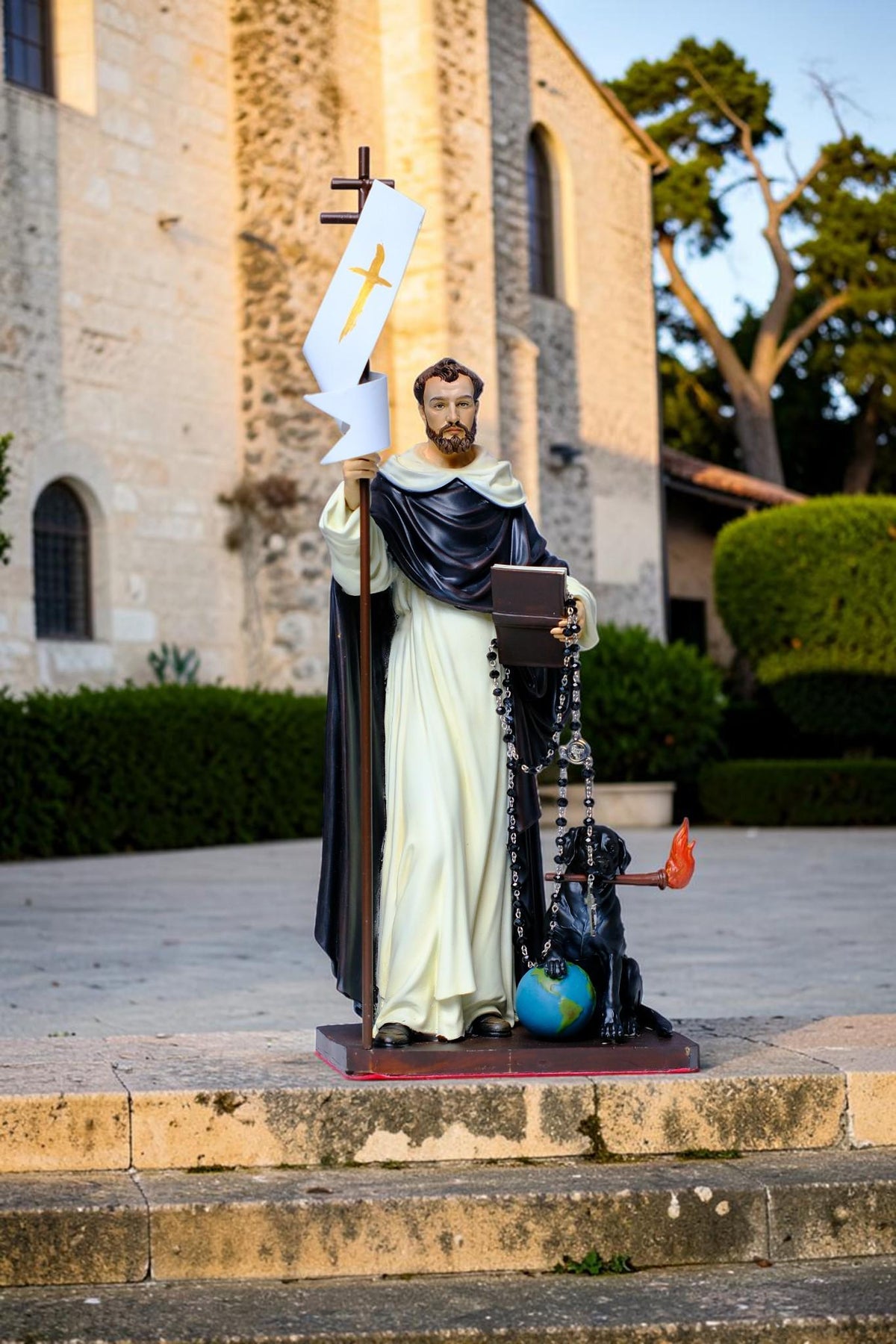 Hand-Painted Saint Dominic Statue, 30cm Catholic Figurine with Rosary, Dog, Book (Home Altar Decor)
