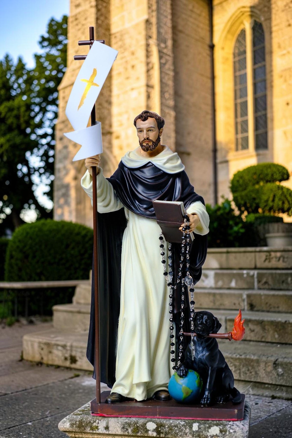 Hand-Painted Saint Dominic Statue, 30cm Catholic Figurine with Rosary, Dog, Book (Home Altar Decor)