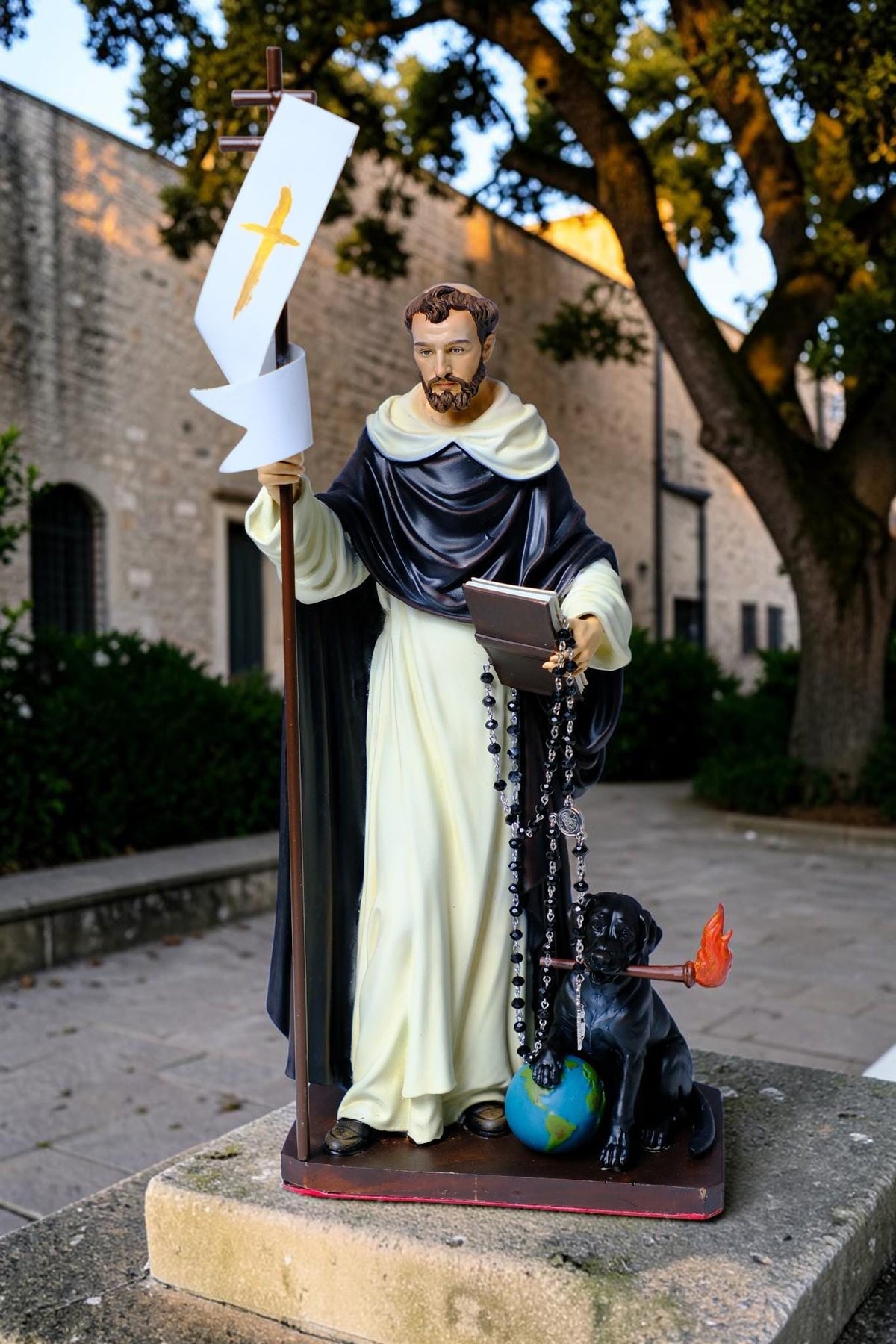 Hand-Painted Saint Dominic Statue, 30cm Catholic Figurine with Rosary, Dog, Book (Home Altar Decor)