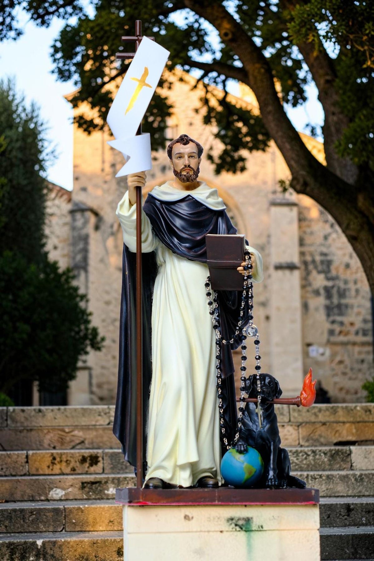Hand-Painted Saint Dominic Statue, 30cm Catholic Figurine with Rosary, Dog, Book (Home Altar Decor)