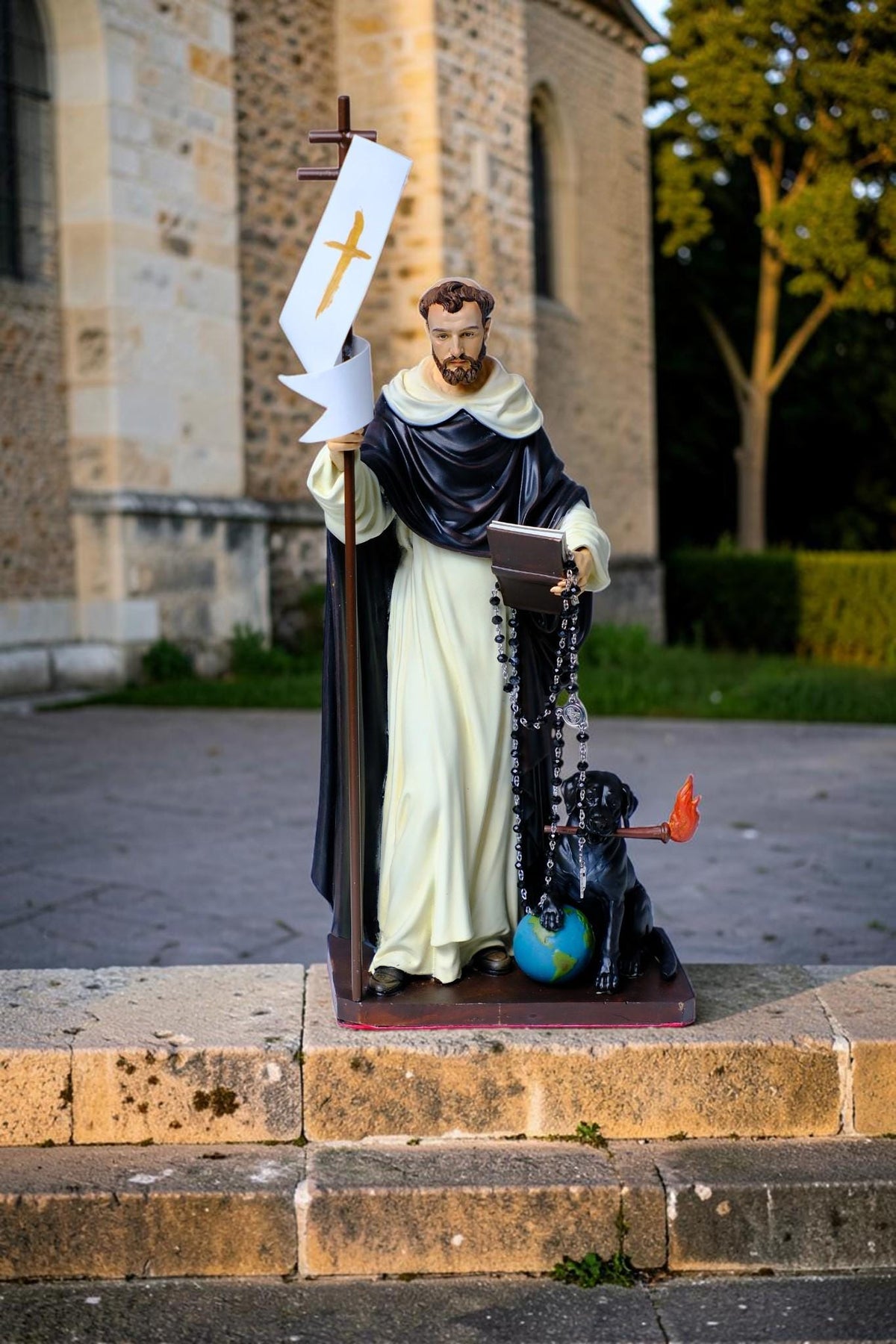 Hand-Painted Saint Dominic Statue, 30cm Catholic Figurine with Rosary, Dog, Book (Home Altar Decor)