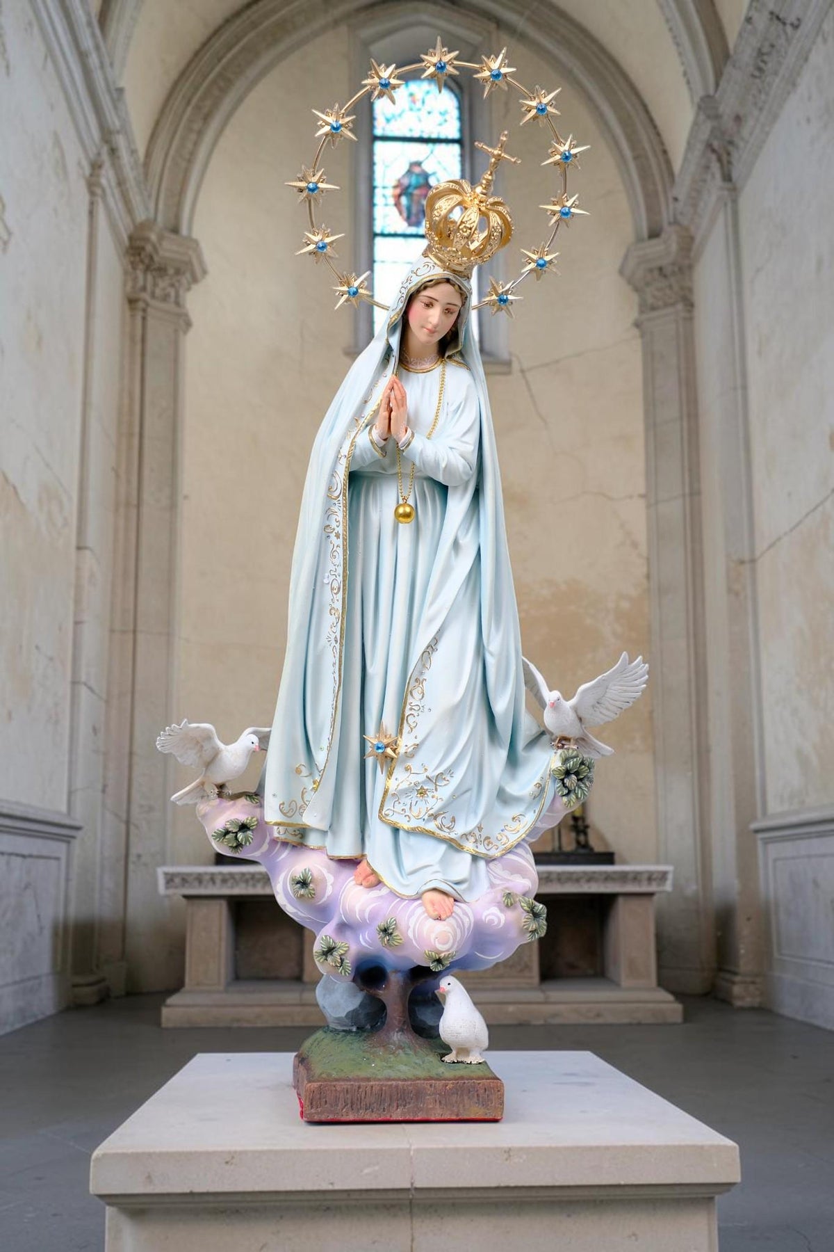Hand-Painted Our Lady of Peace Statue 40cm Marian Figurine with Doves, Gold Accents, Home Altar Decor __etsy:8582740090