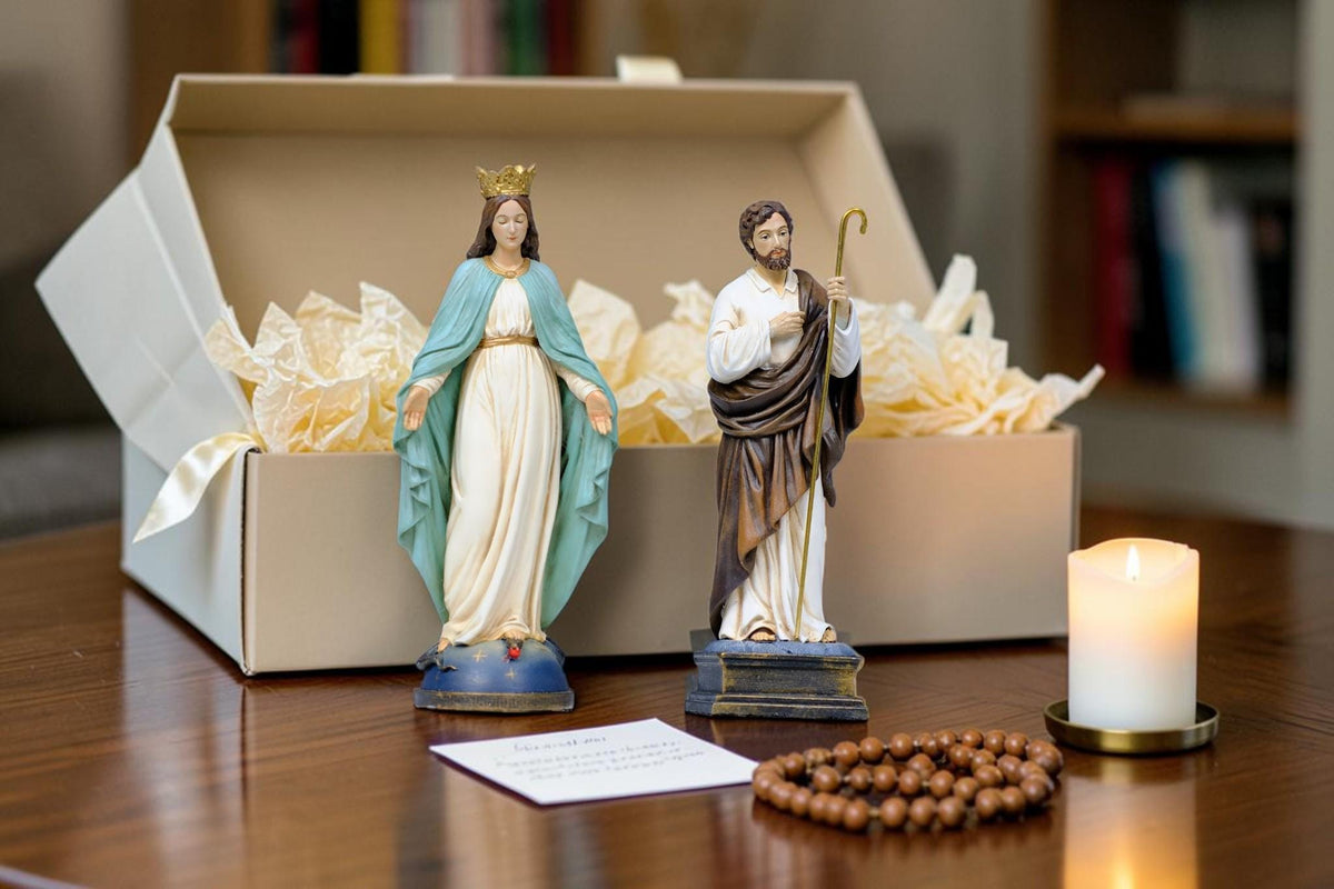 Saint Joseph & Virgin Mary Statue Set 13cm, Catholic Couple Gift, Wedding Gift, Hand Painted Religious Statues, Home Altar Decor