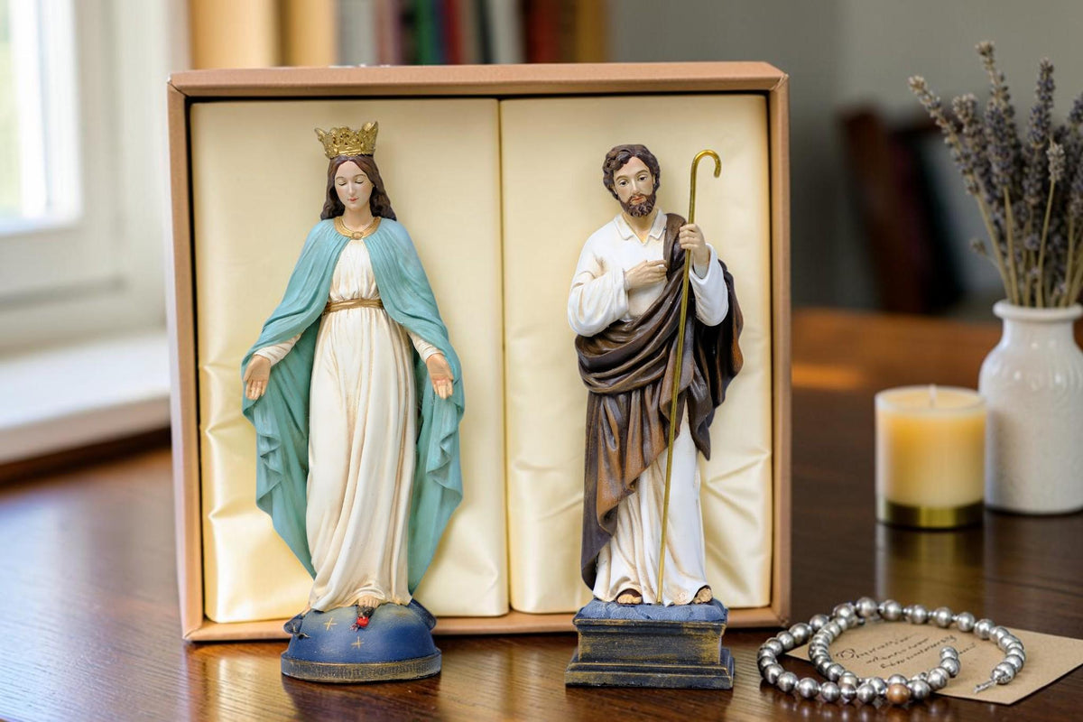 Saint Joseph & Virgin Mary Statue Set 13cm, Catholic Couple Gift, Wedding Gift, Hand Painted Religious Statues, Home Altar Decor
