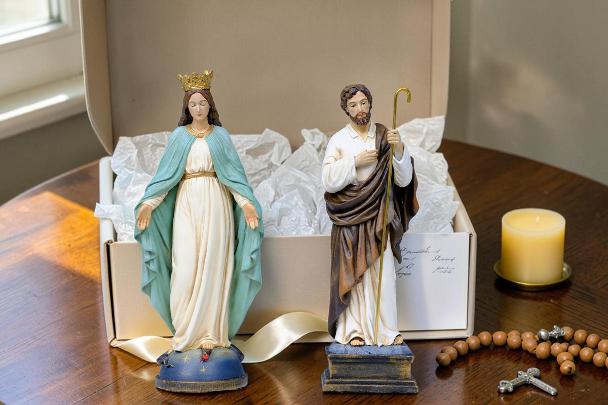 Saint Joseph & Virgin Mary Statue Set 13cm, Catholic Couple Gift, Wedding Gift, Hand Painted Religious Statues, Home Altar Decor