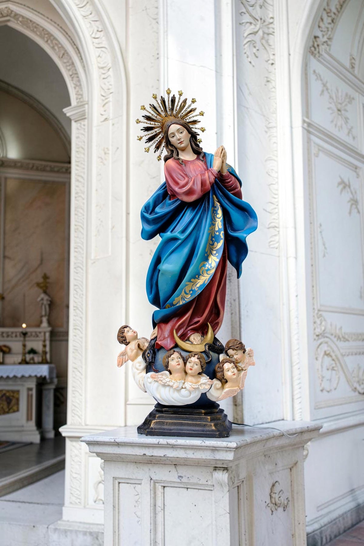 Hand-Painted Immaculate Conception Statue, Virgin Mary with Angels, 32cm Home Altar Decor