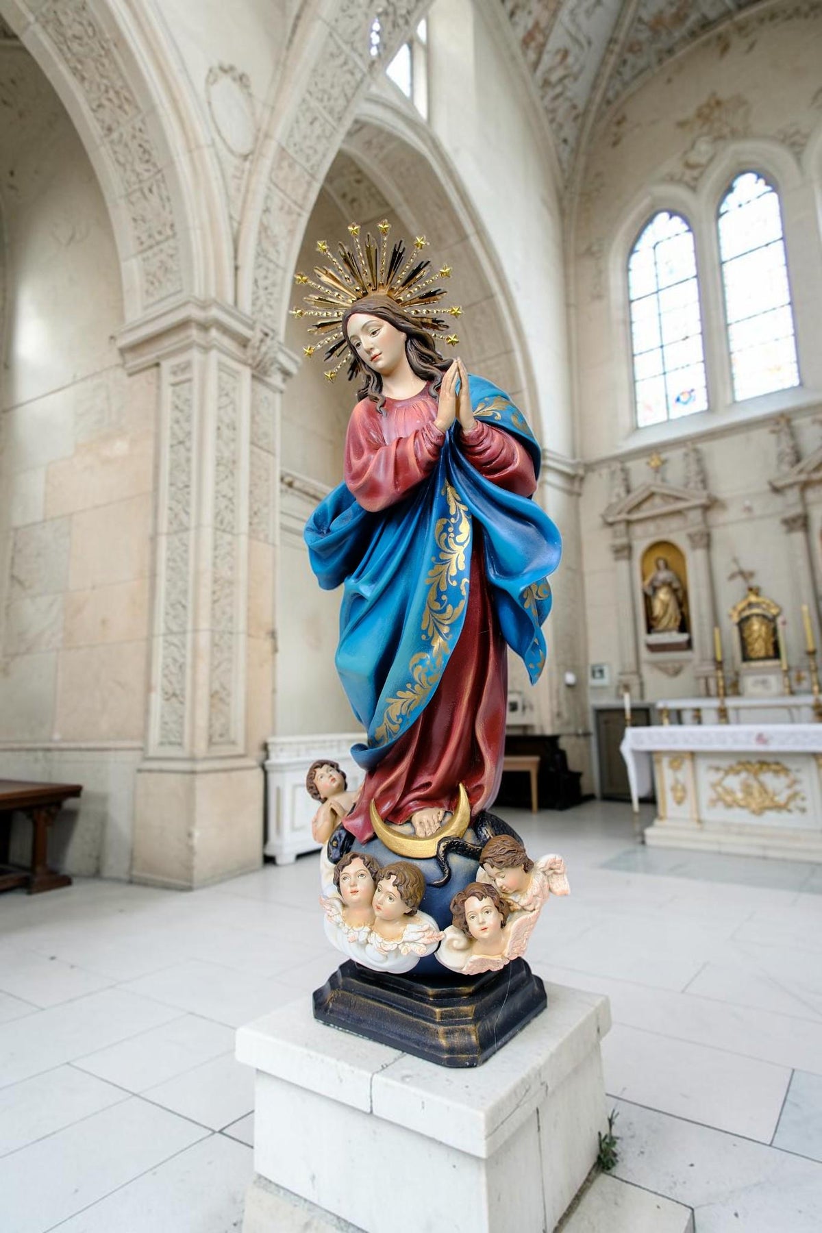Hand-Painted Immaculate Conception Statue, Virgin Mary with Angels, 32cm Home Altar Decor