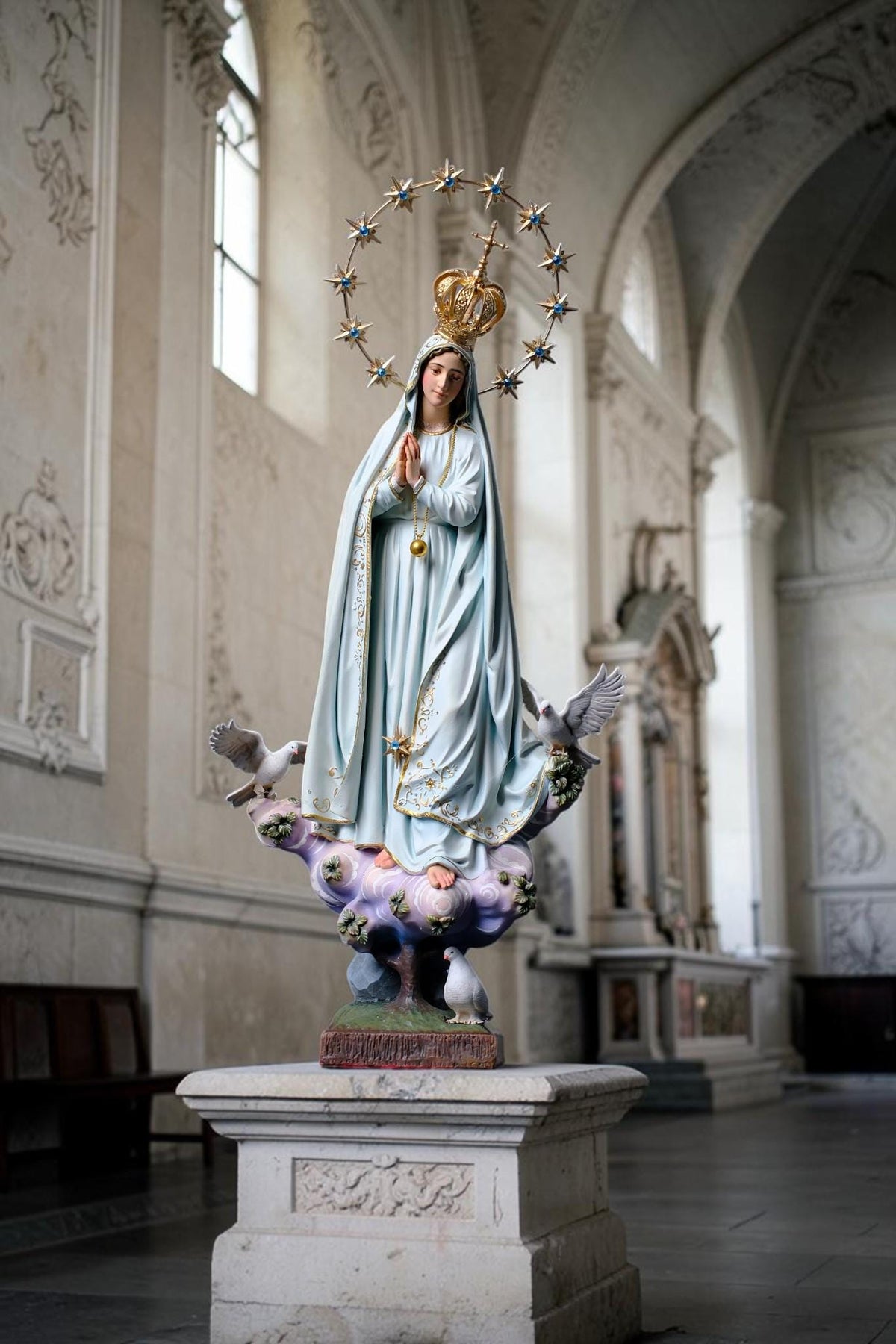 Hand-Painted Our Lady of Peace Statue 40cm Marian Figurine with Doves, Gold Accents, Home Altar Decor __etsy:8630585133
