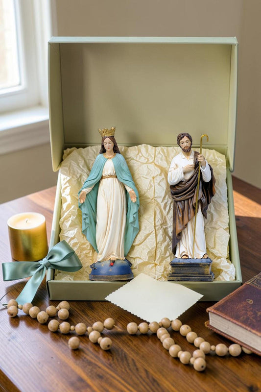 Saint Joseph & Virgin Mary Statue Set 13cm, Catholic Couple Gift, Wedding Gift, Hand Painted Religious Statues, Home Altar Decor