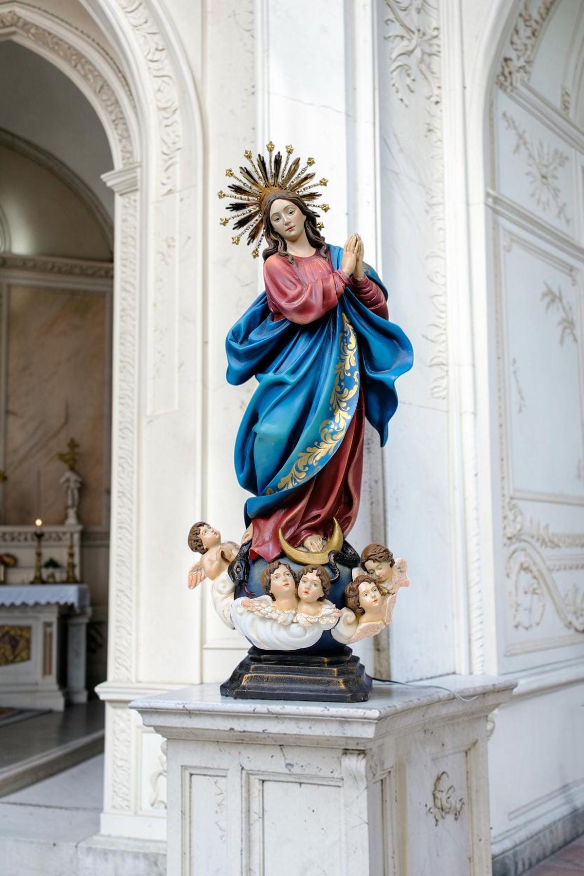 Hand-Painted Virgin Mary Statue: Immaculate Conception with Angels, Gold Crown (60cm) __etsy:8675398824