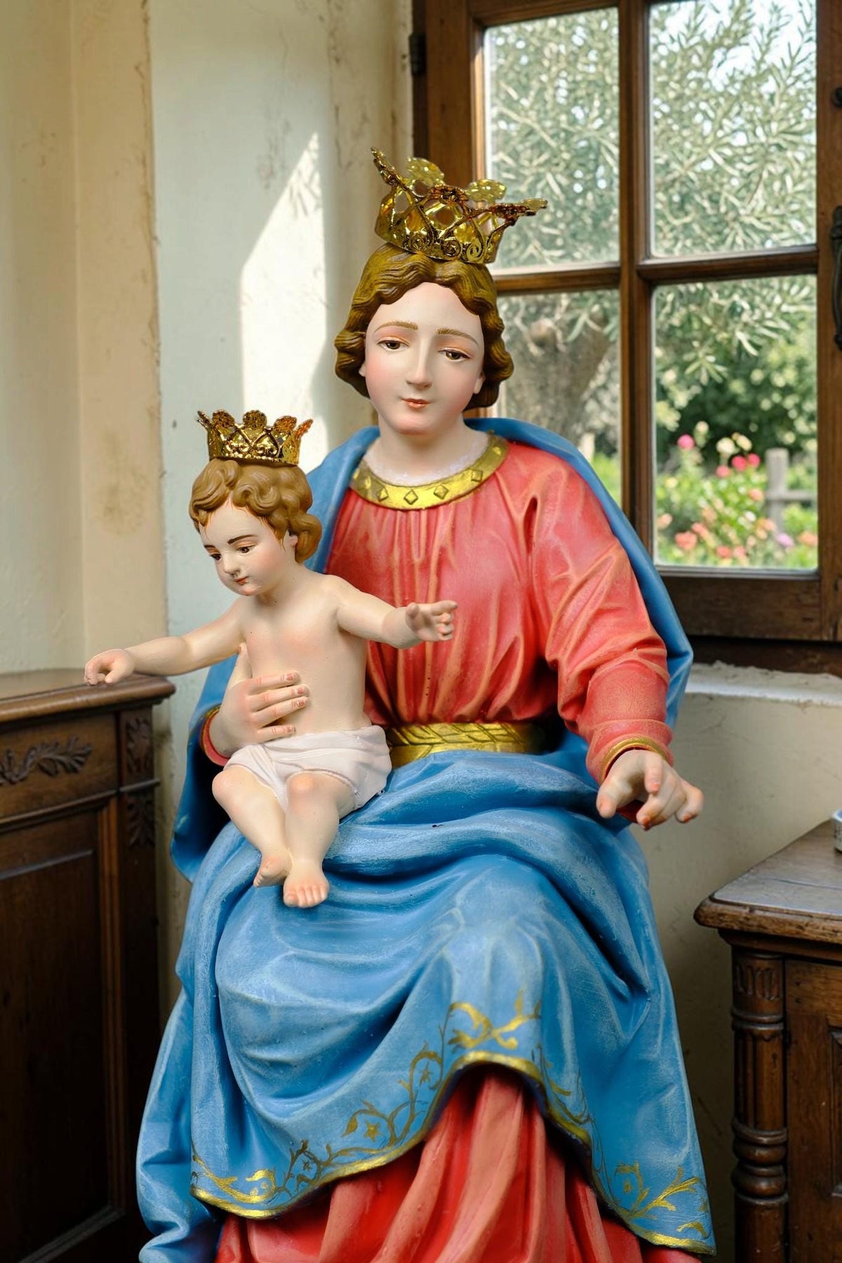 Our Lady of the Rosary Statue 30cm Crowned Virgin Mary with Child Jesus