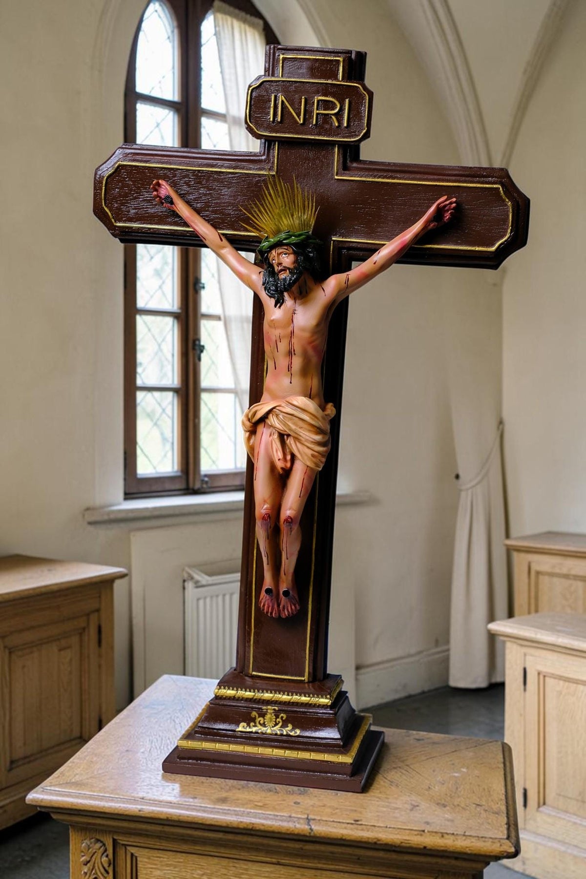 Jesus on the Cross 55cm Antique Style Catholic Crucifix Stone Resin Statue