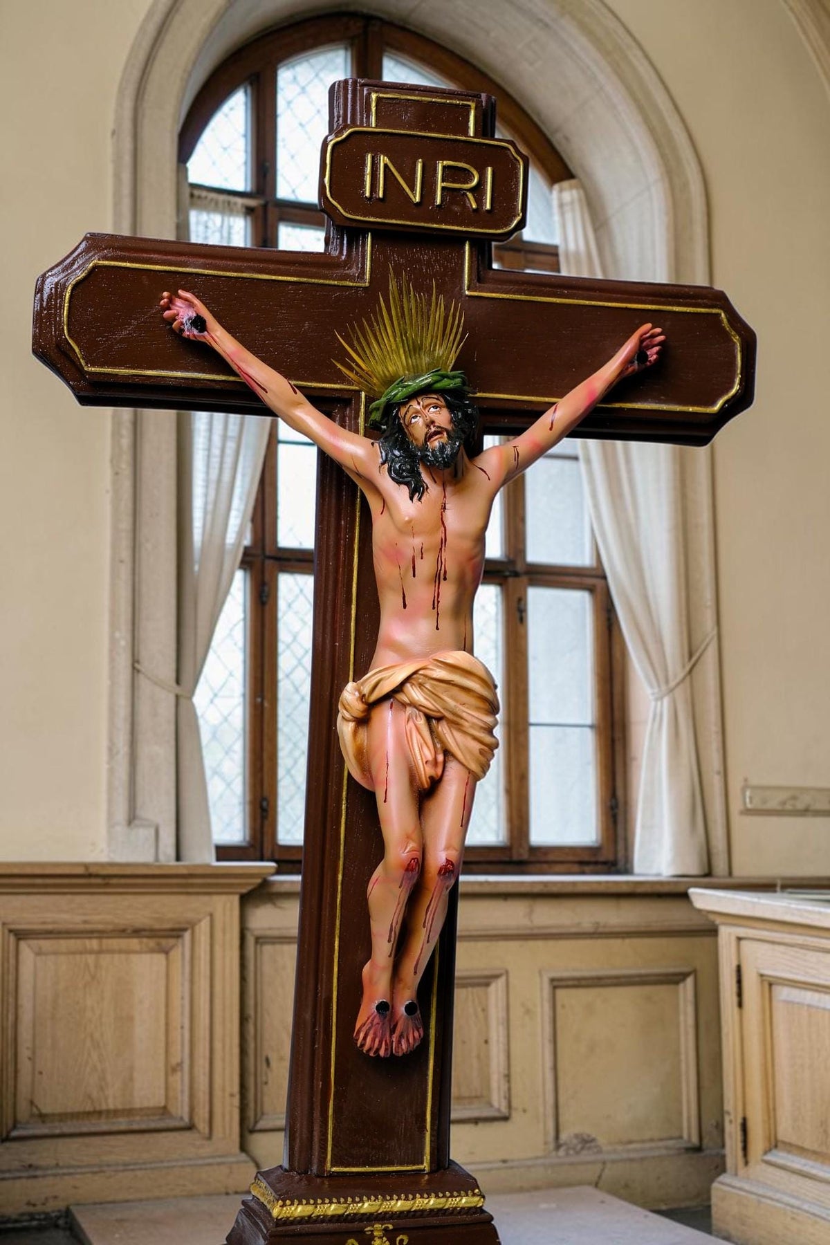 Jesus on the Cross 55cm Antique Style Catholic Crucifix Stone Resin Statue