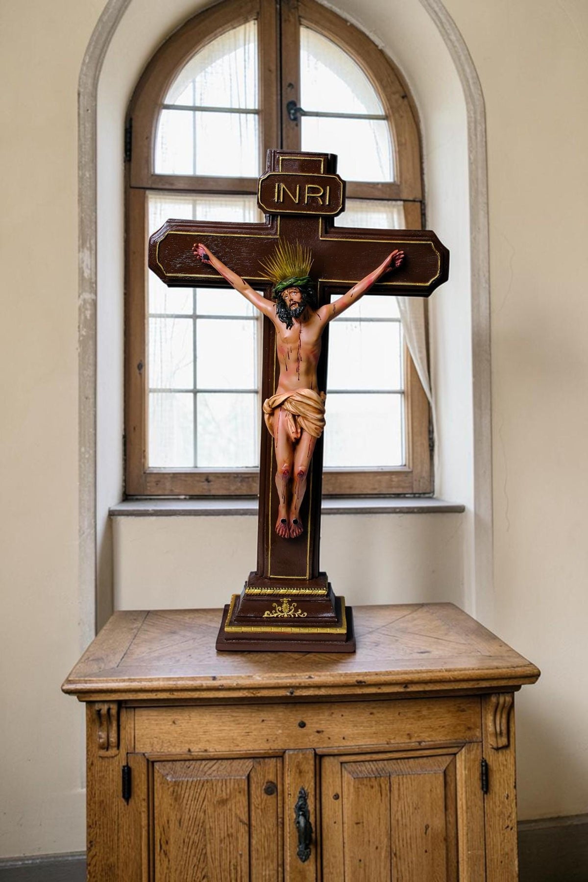 Jesus on the Cross 55cm Antique Style Catholic Crucifix Stone Resin Statue