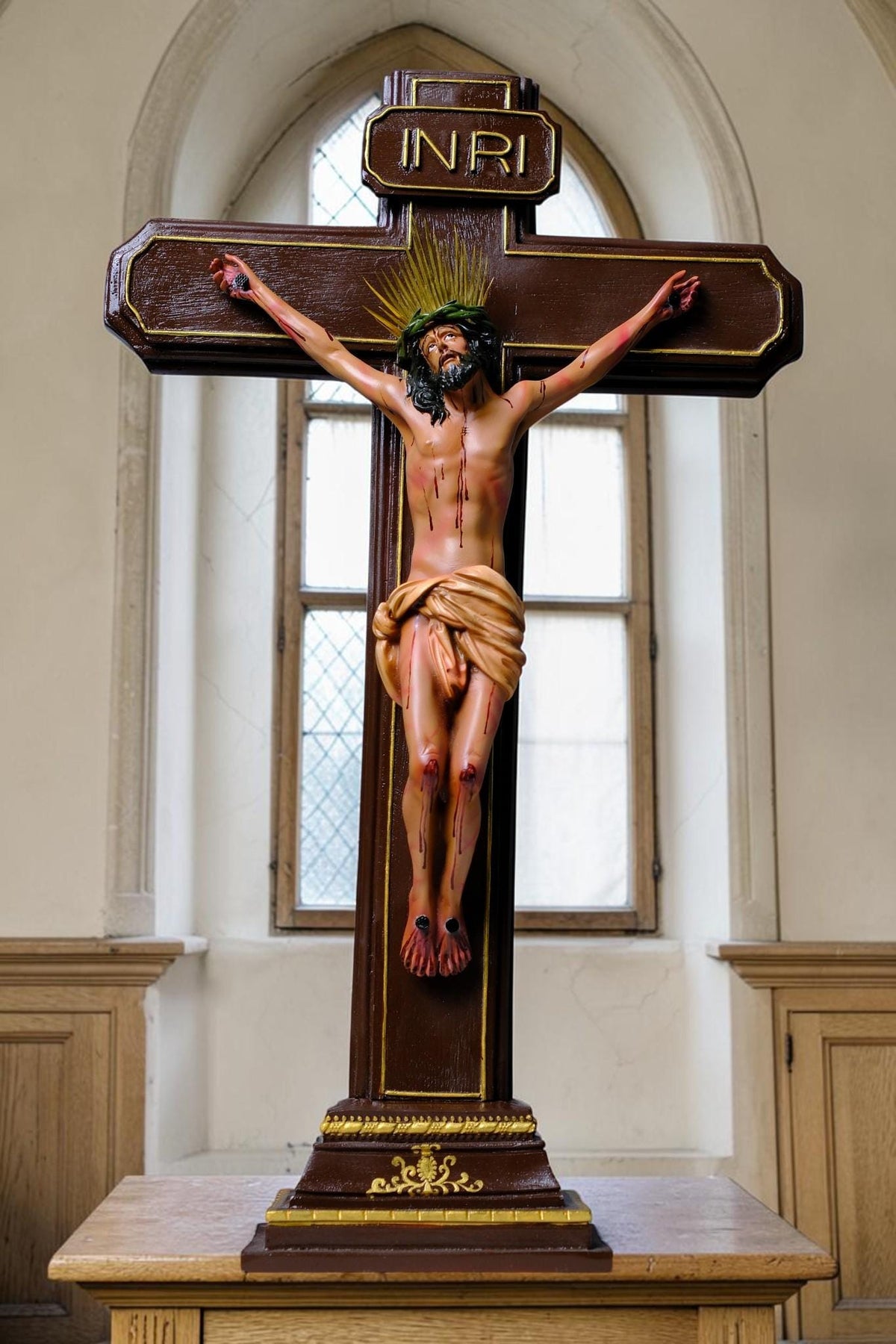Jesus on the Cross 55cm Antique Style Catholic Crucifix Stone Resin Statue