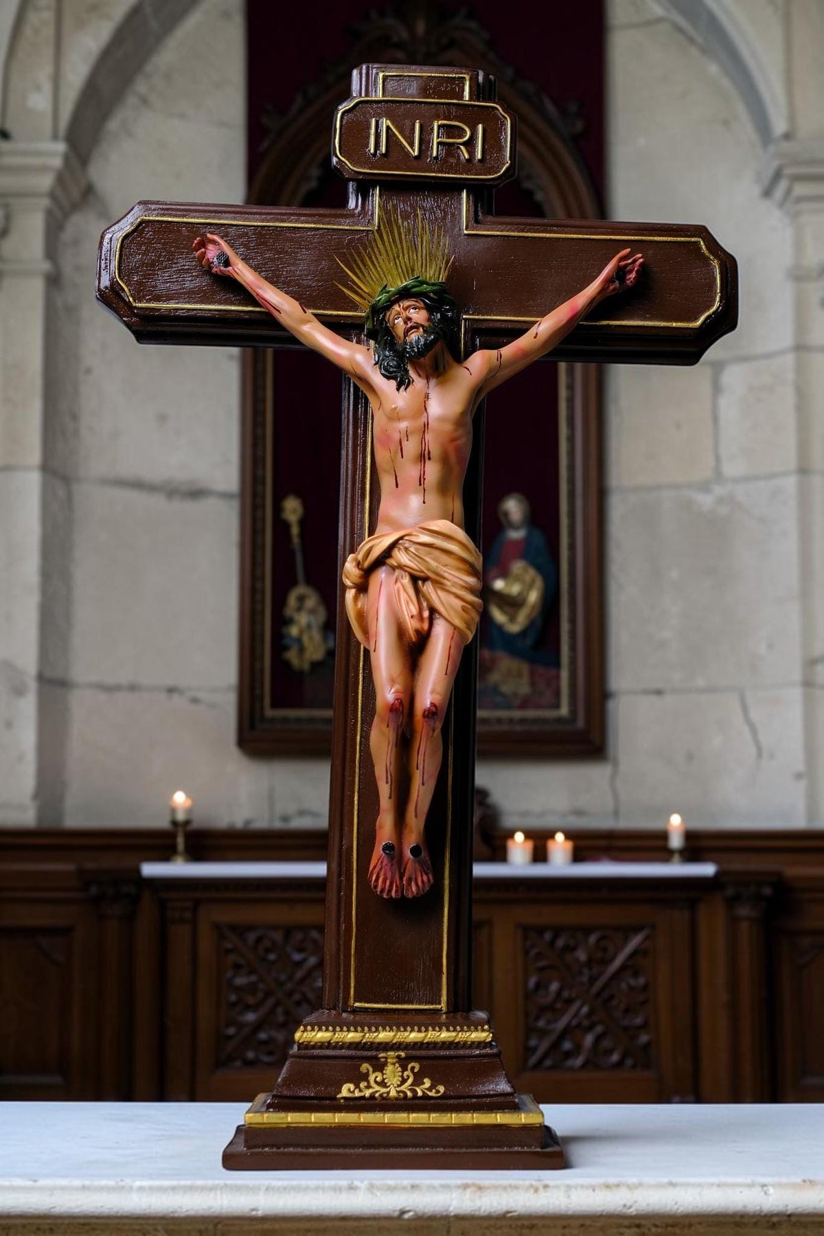 Crucified Jesus Statue 55cm Antique Catholic Crucifix with Brass Halo