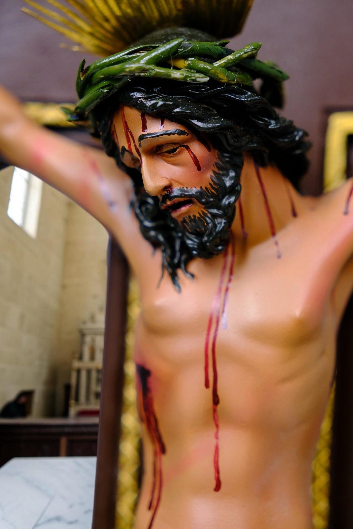 Crucified Jesus Statue 55cm Antique Catholic Crucifix with Brass Halo