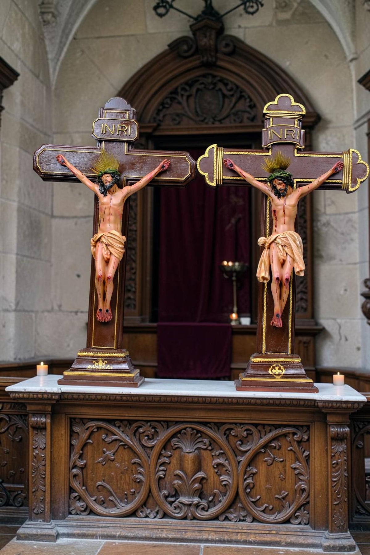 Crucified Jesus Statue 55cm Antique Catholic Crucifix with Brass Halo