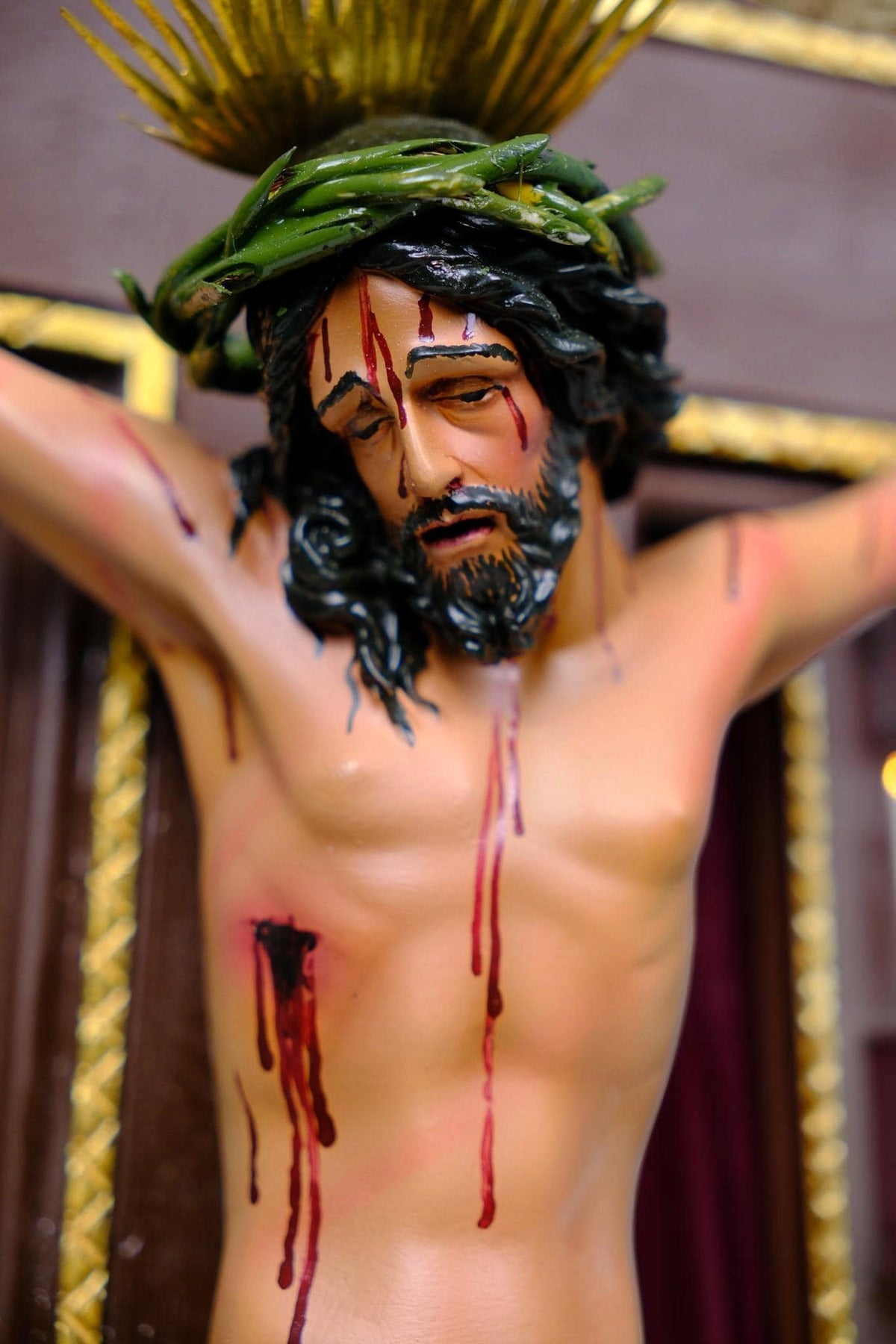 Crucified Jesus Statue 55cm Antique Catholic Crucifix with Brass Halo