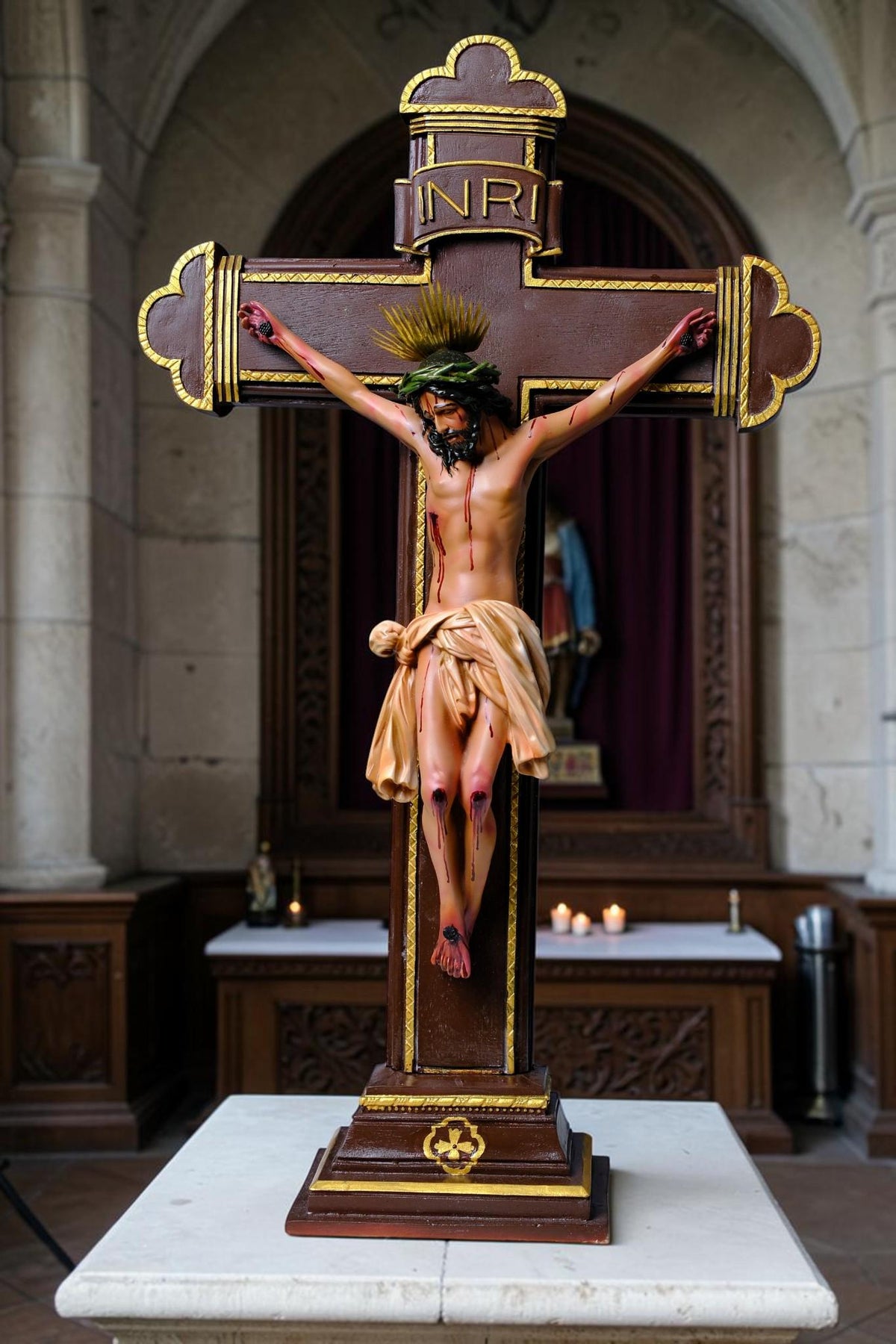 Crucified Jesus Statue 55cm Antique Catholic Crucifix with Brass Halo