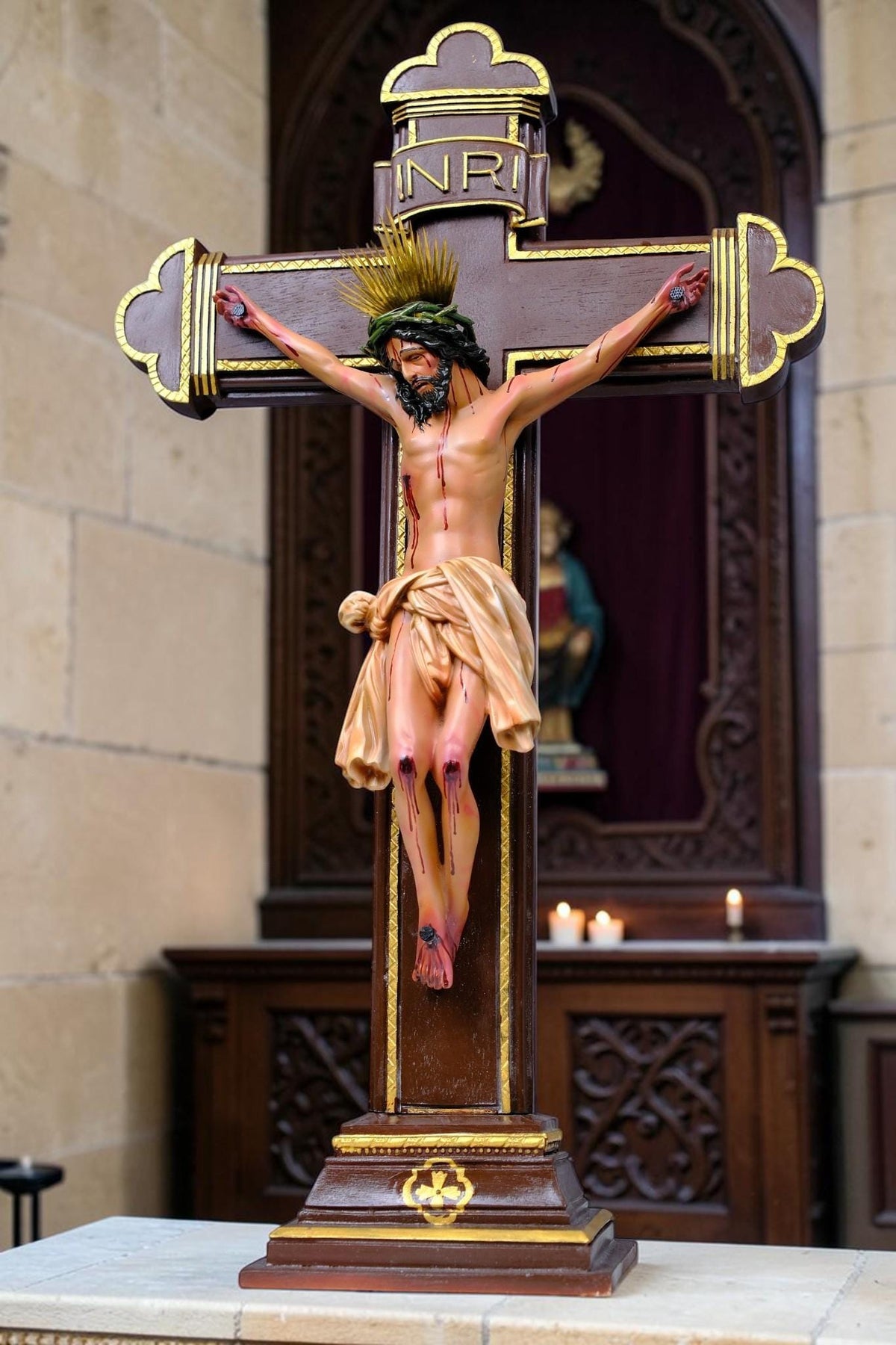Crucified Jesus Statue 55cm Antique Catholic Crucifix with Brass Halo