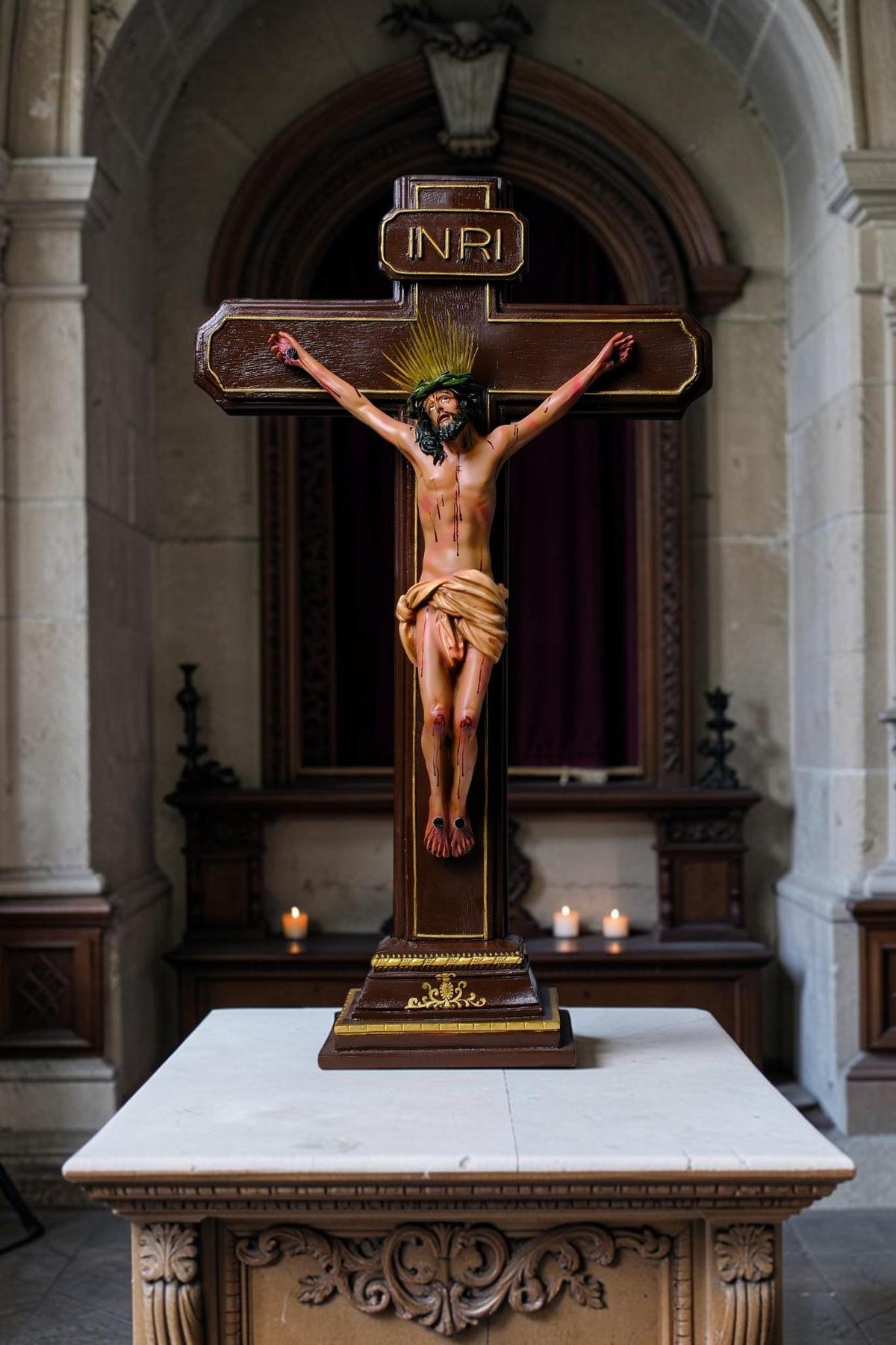 Crucified Jesus Statue 55cm Antique Catholic Crucifix with Brass Halo