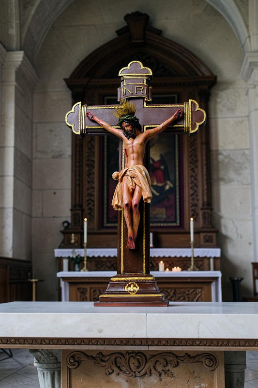 Crucified Jesus Statue 55cm Antique Catholic Crucifix with Brass Halo