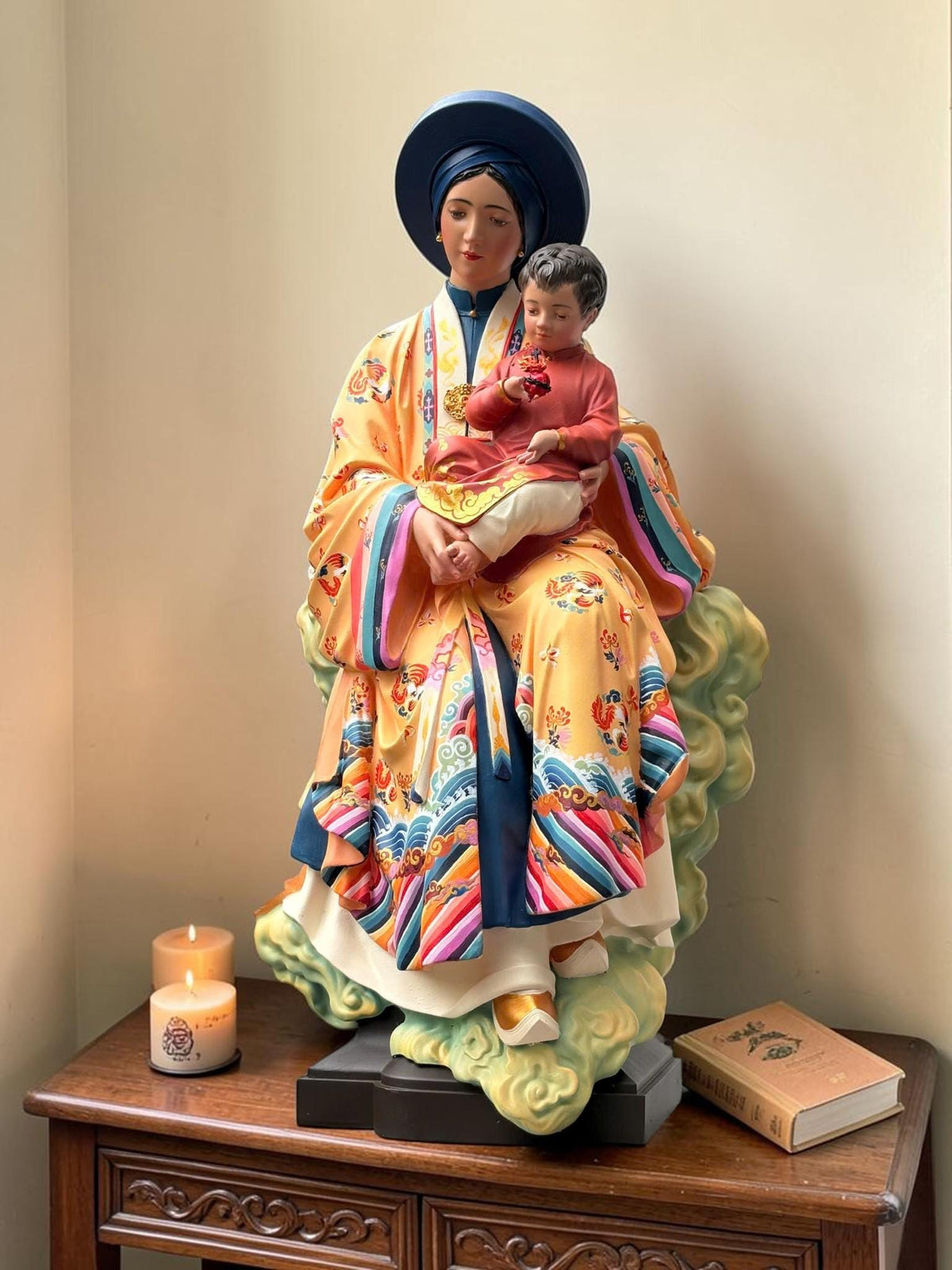 Handcrafted Vietnamese Virgin Mary Statue, Nguyen Dynasty Nhat Binh Robe, Catholic Art (60cm)