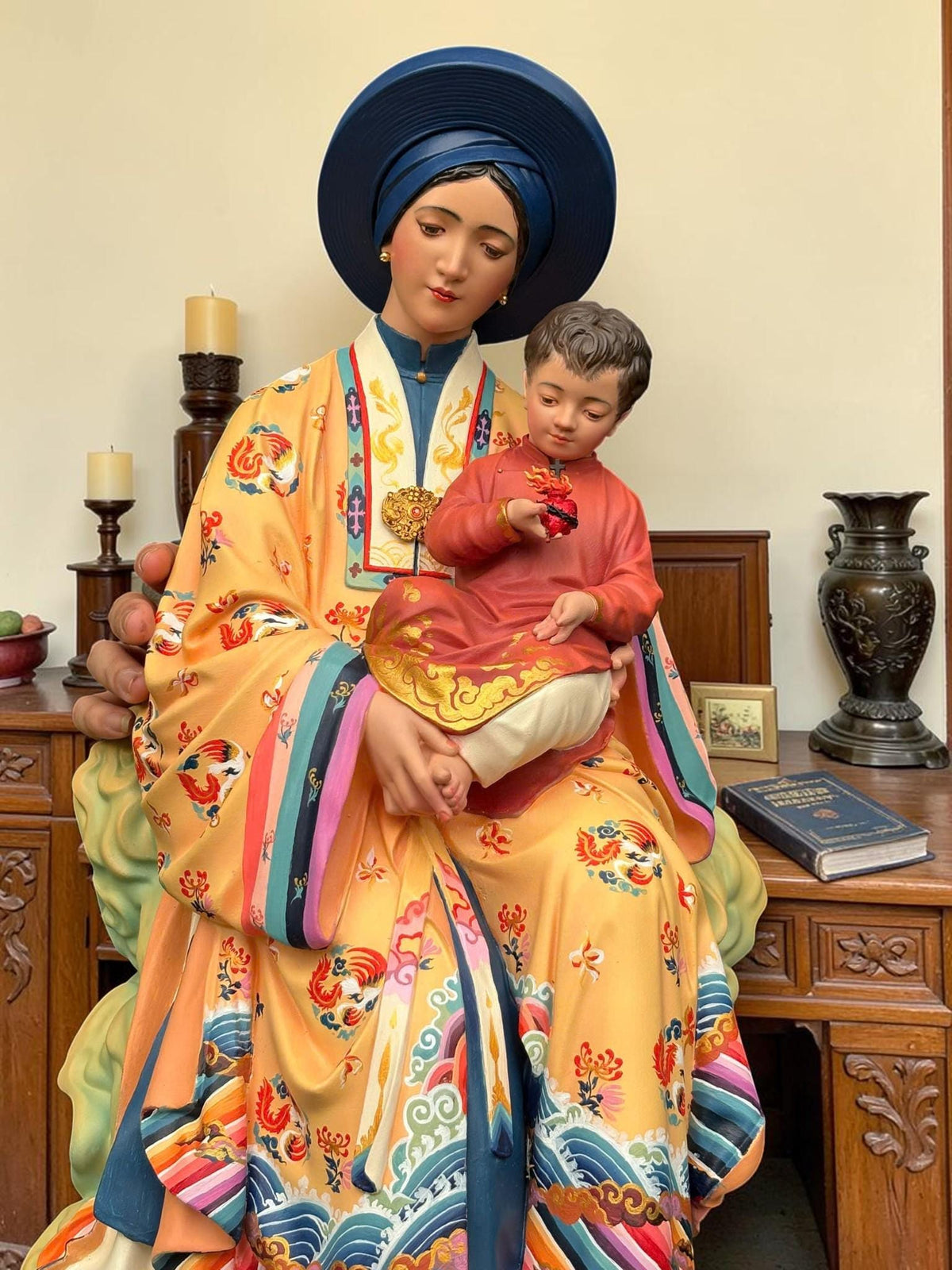 Handcrafted Vietnamese Virgin Mary Statue, Nguyen Dynasty Nhat Binh Robe, Catholic Art (60cm)