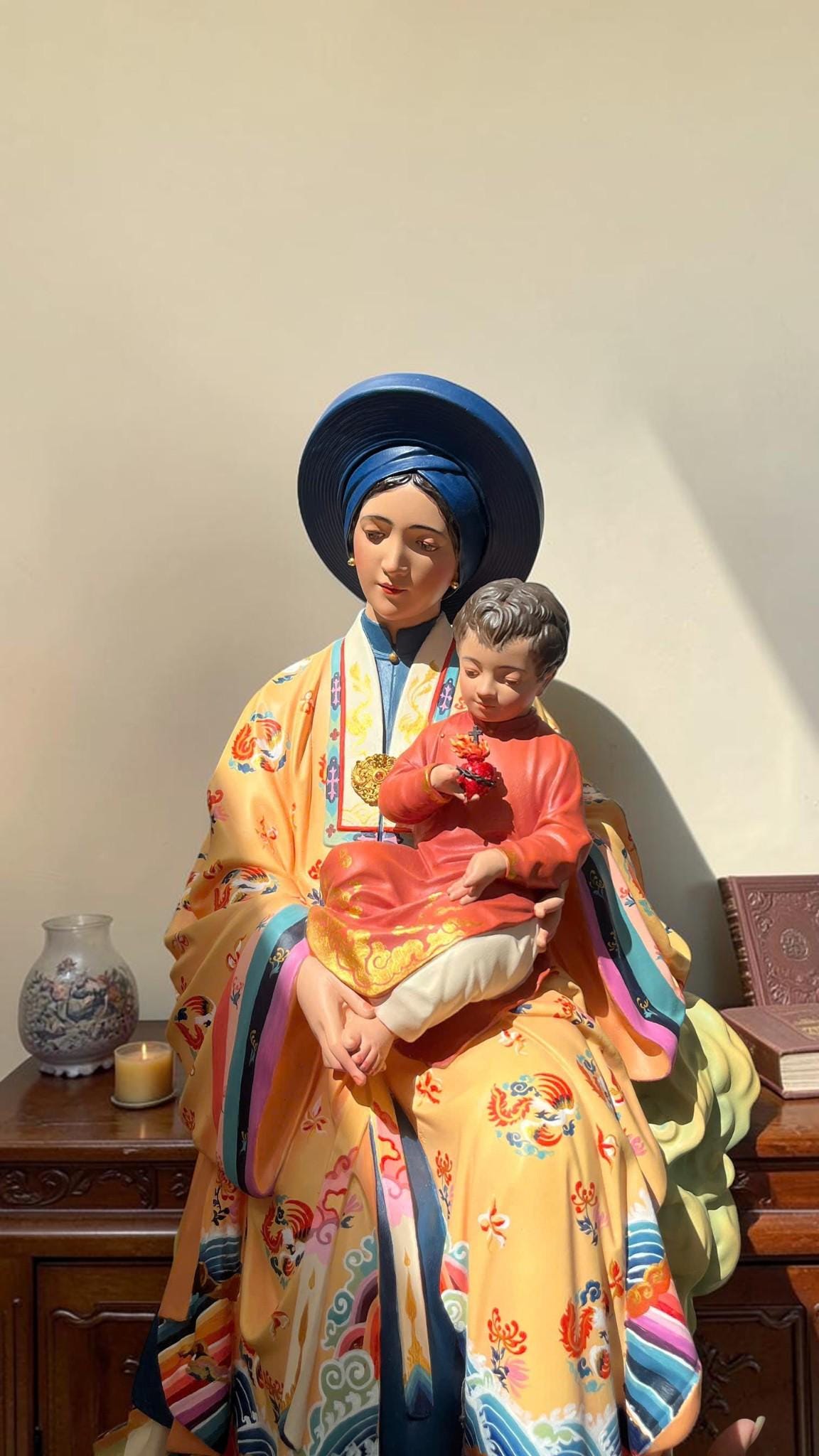 Handcrafted Vietnamese Virgin Mary Statue, Nguyen Dynasty Nhat Binh Robe, Catholic Art (60cm)