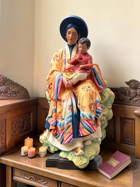 Handcrafted Vietnamese Virgin Mary Statue, Nguyen Dynasty Nhat Binh Robe, Catholic Art (60cm)