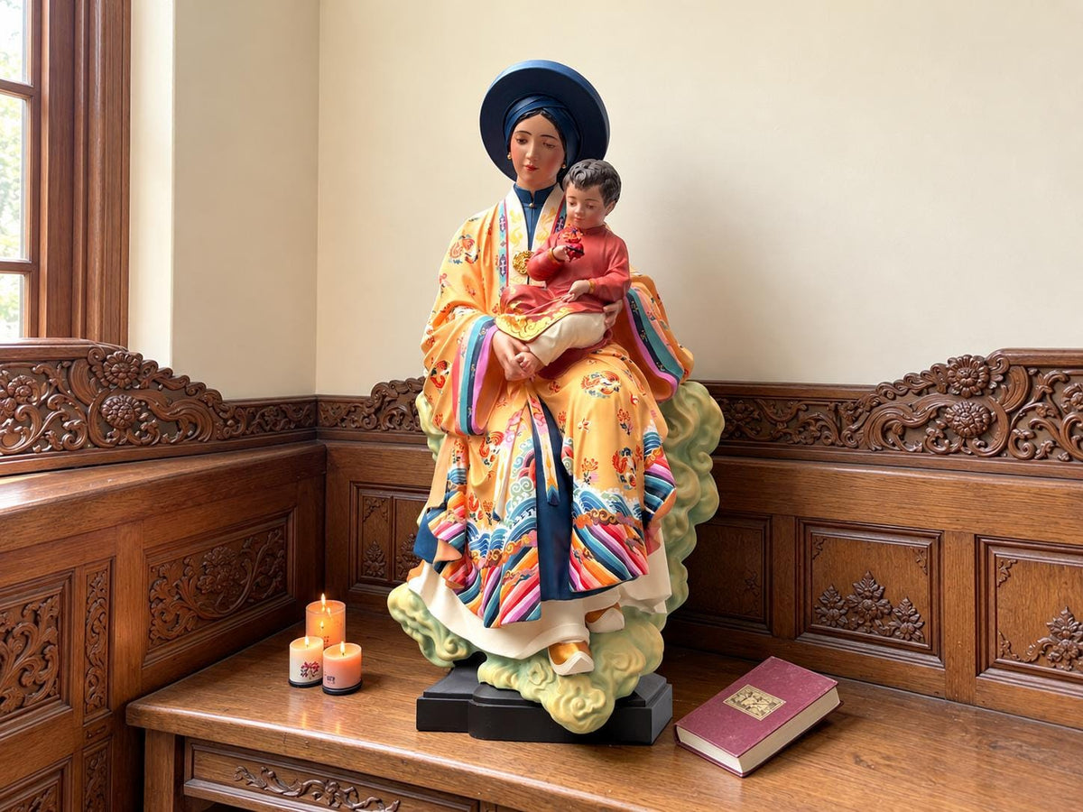 Handcrafted Vietnamese Virgin Mary Statue, Nguyen Dynasty Nhat Binh Robe, Catholic Art (60cm) __etsy:8709730012