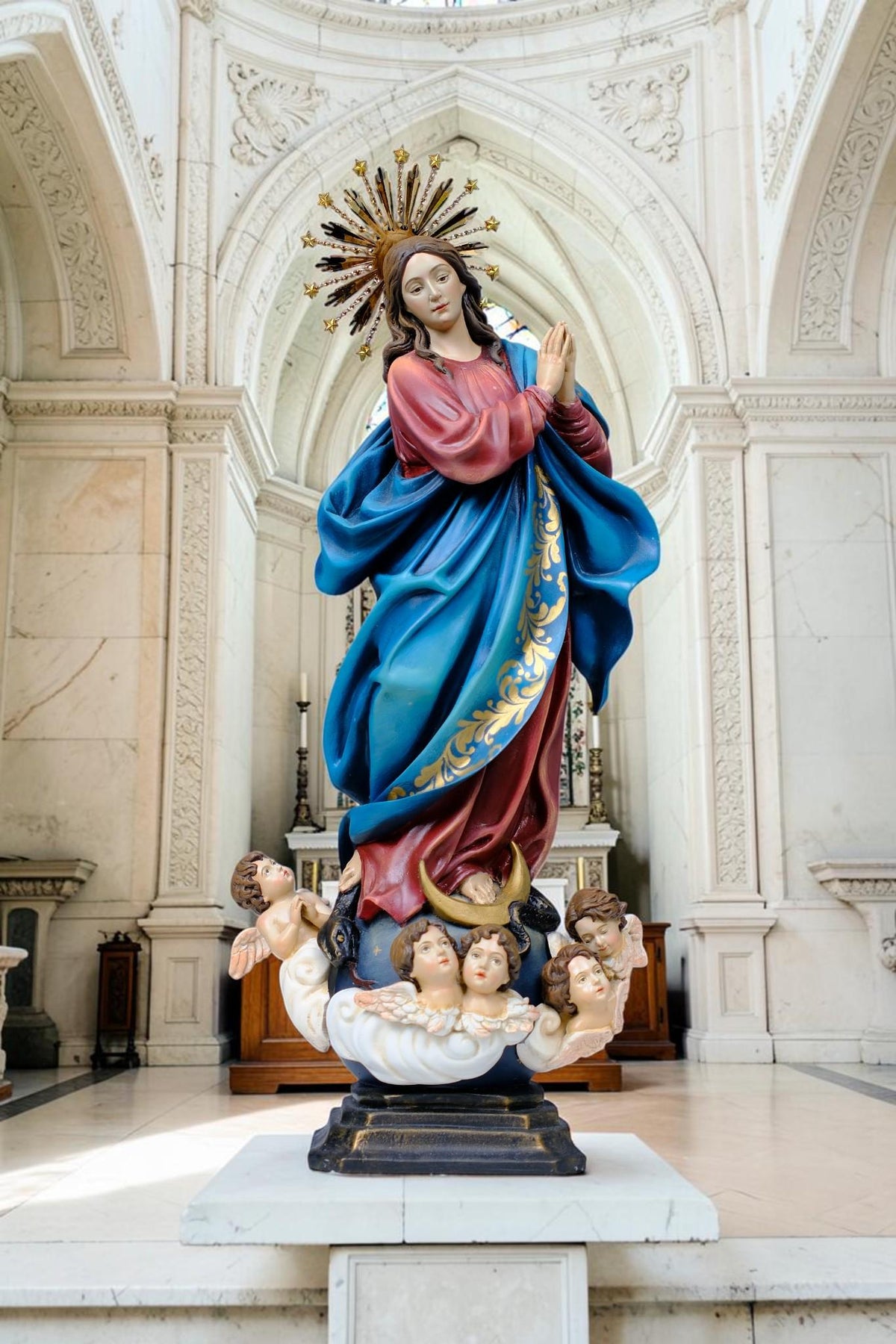 Handcrafted Virgin Mary Statue: Immaculate Conception, Gold Accents, Copper Crown __etsy:8723107613