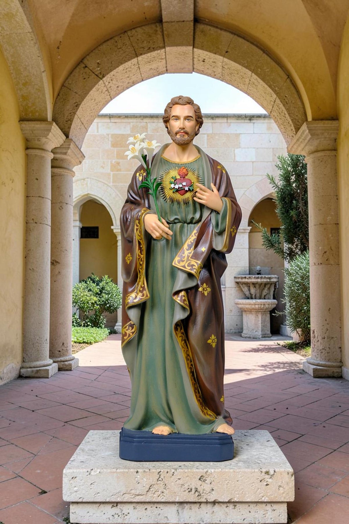 Saint Joseph Statue 40cm Green Hand Painted Catholic Stone Resin Sculpture
