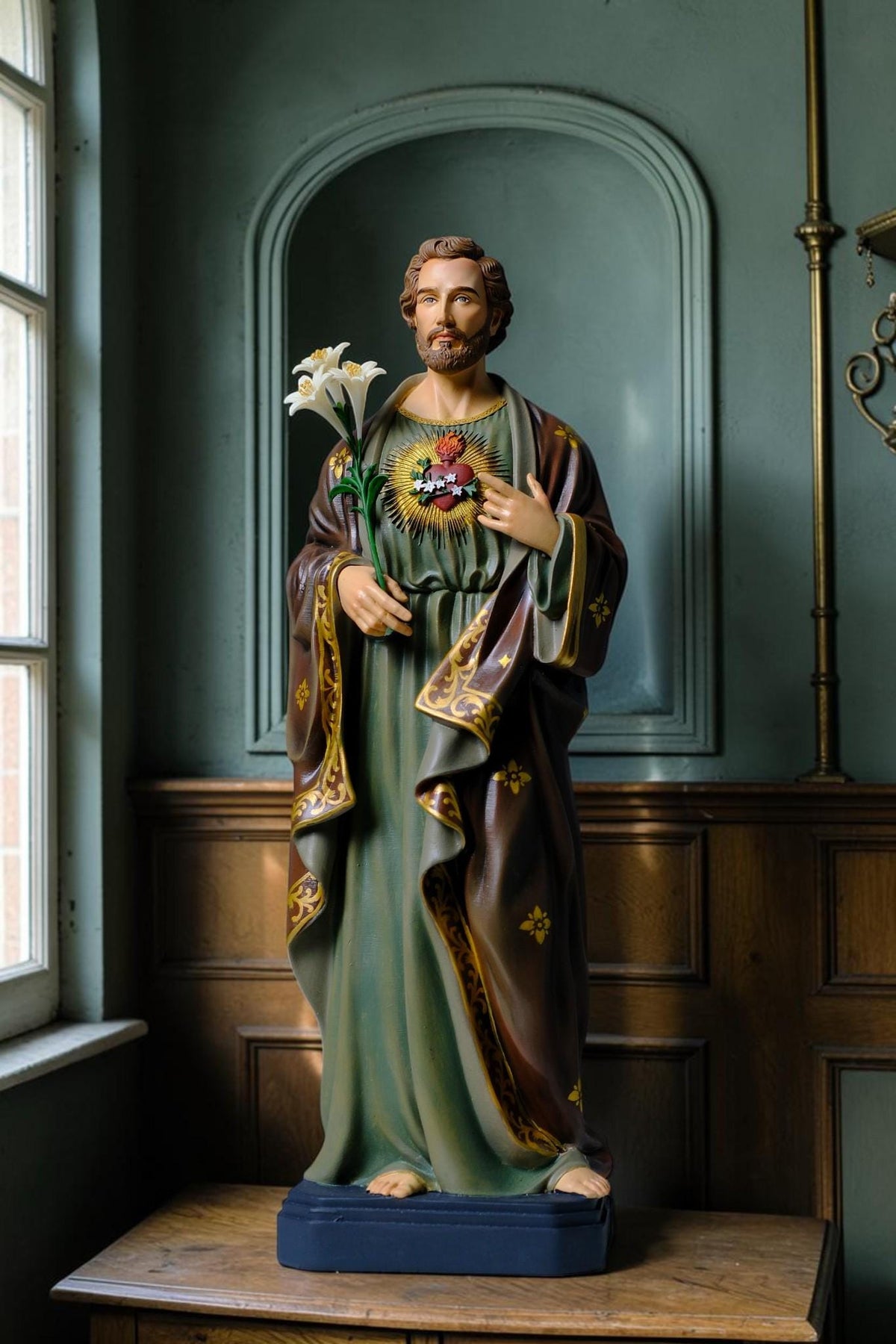 Saint Joseph 40cm Green Catholic Statue with Hand Painted Floral Patterns