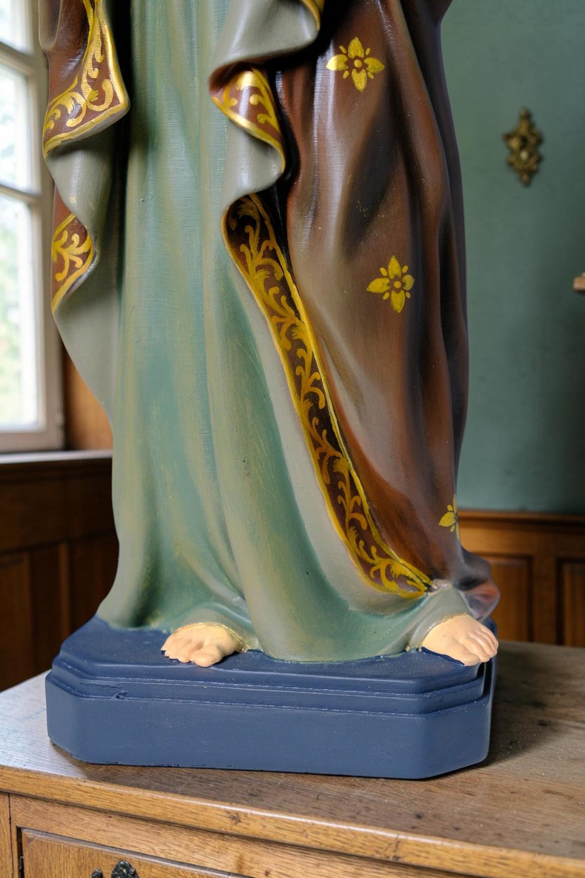 Saint Joseph 40cm Green Catholic Statue with Hand Painted Floral Patterns