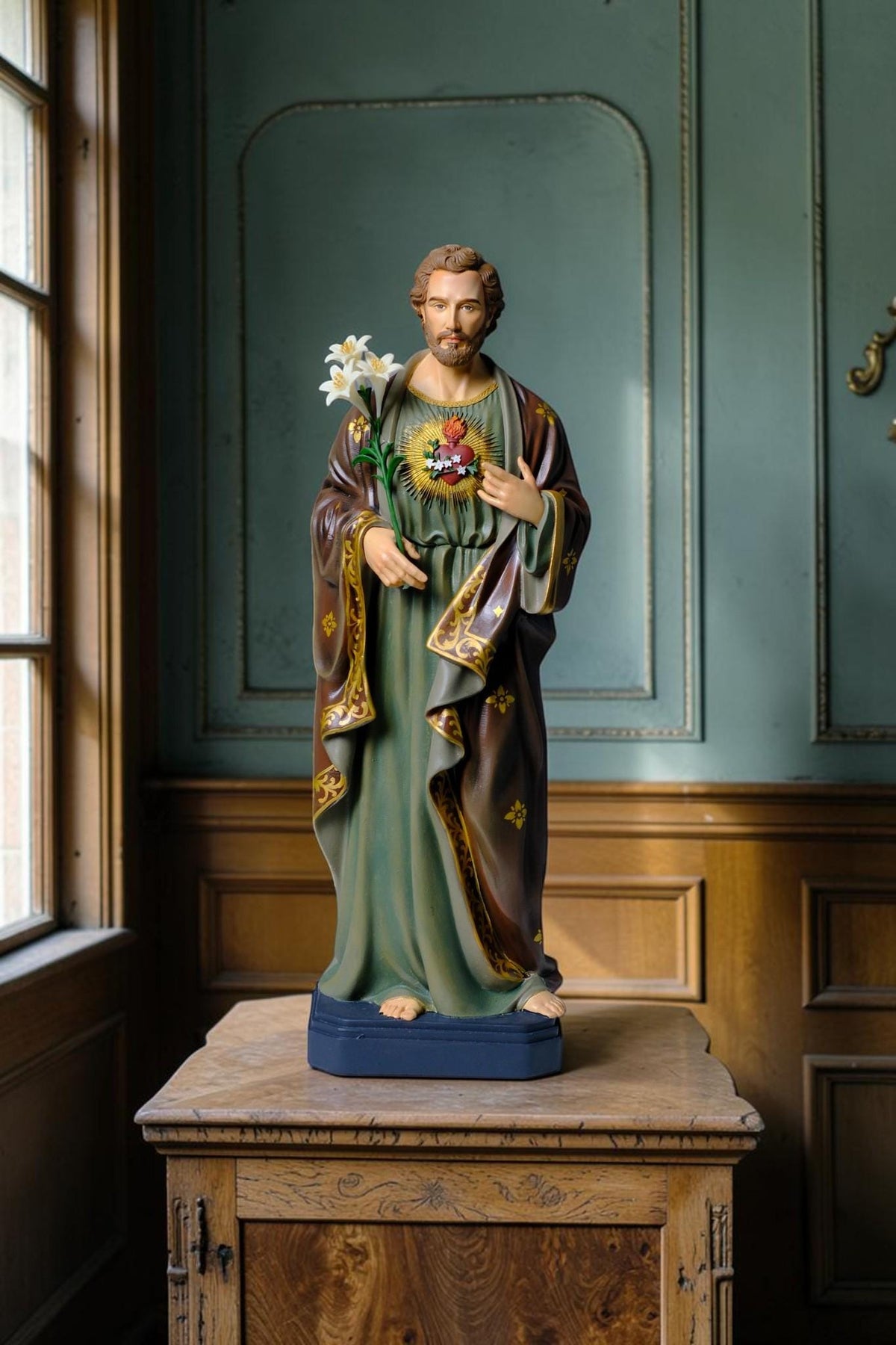 Saint Joseph 40cm Green Catholic Statue with Hand Painted Floral Patterns