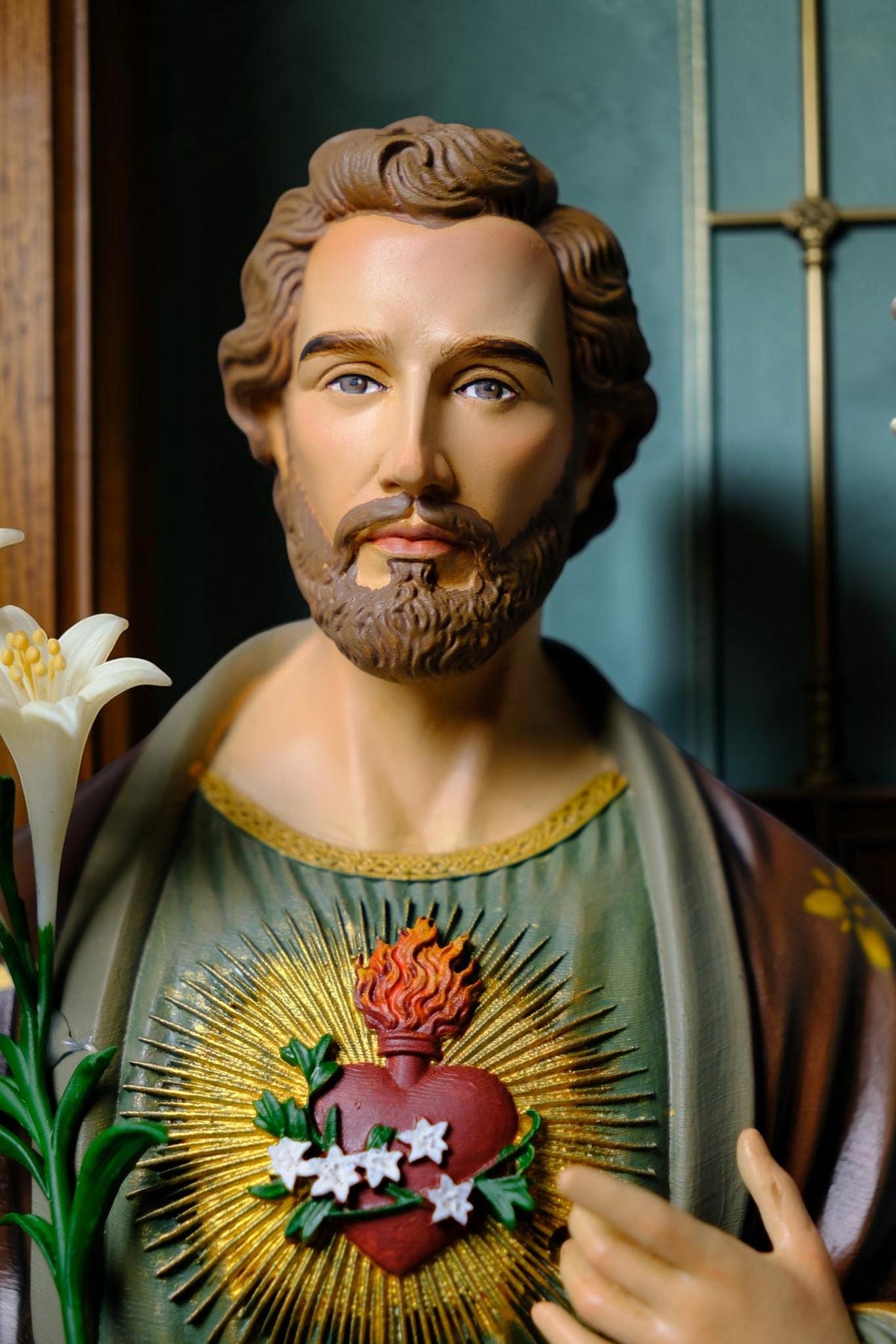 Saint Joseph 40cm Green Catholic Statue with Hand Painted Floral Patterns