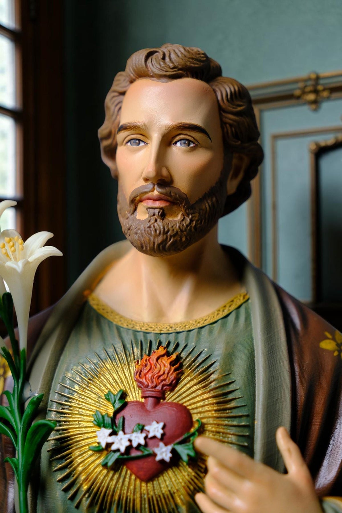 Saint Joseph 40cm Green Catholic Statue with Hand Painted Floral Patterns