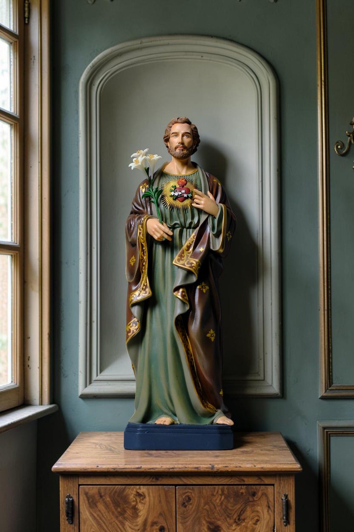Saint Joseph 40cm Green Catholic Statue with Hand Painted Floral Patterns