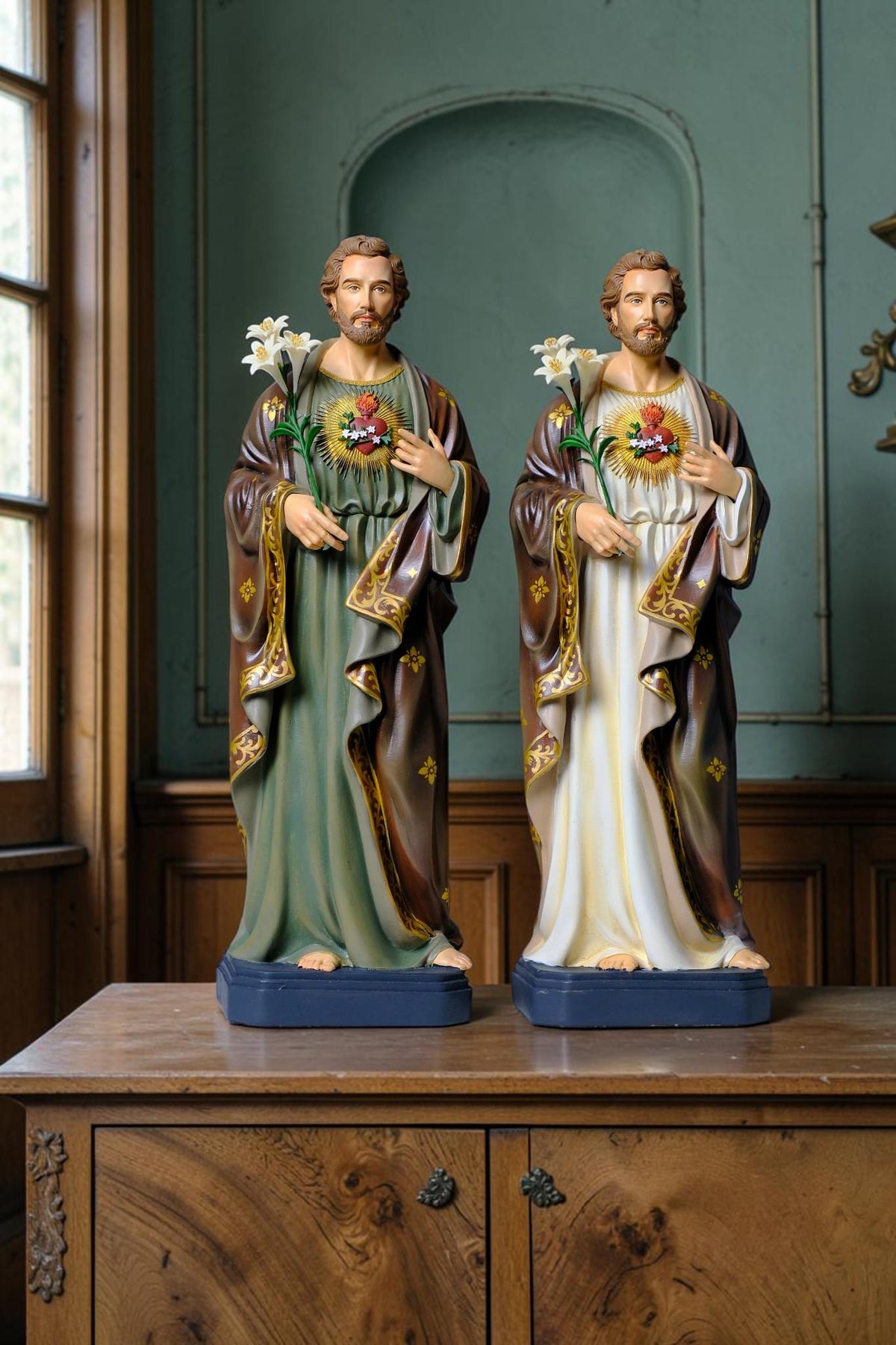 Saint Joseph 40cm Green Catholic Statue with Hand Painted Floral Patterns