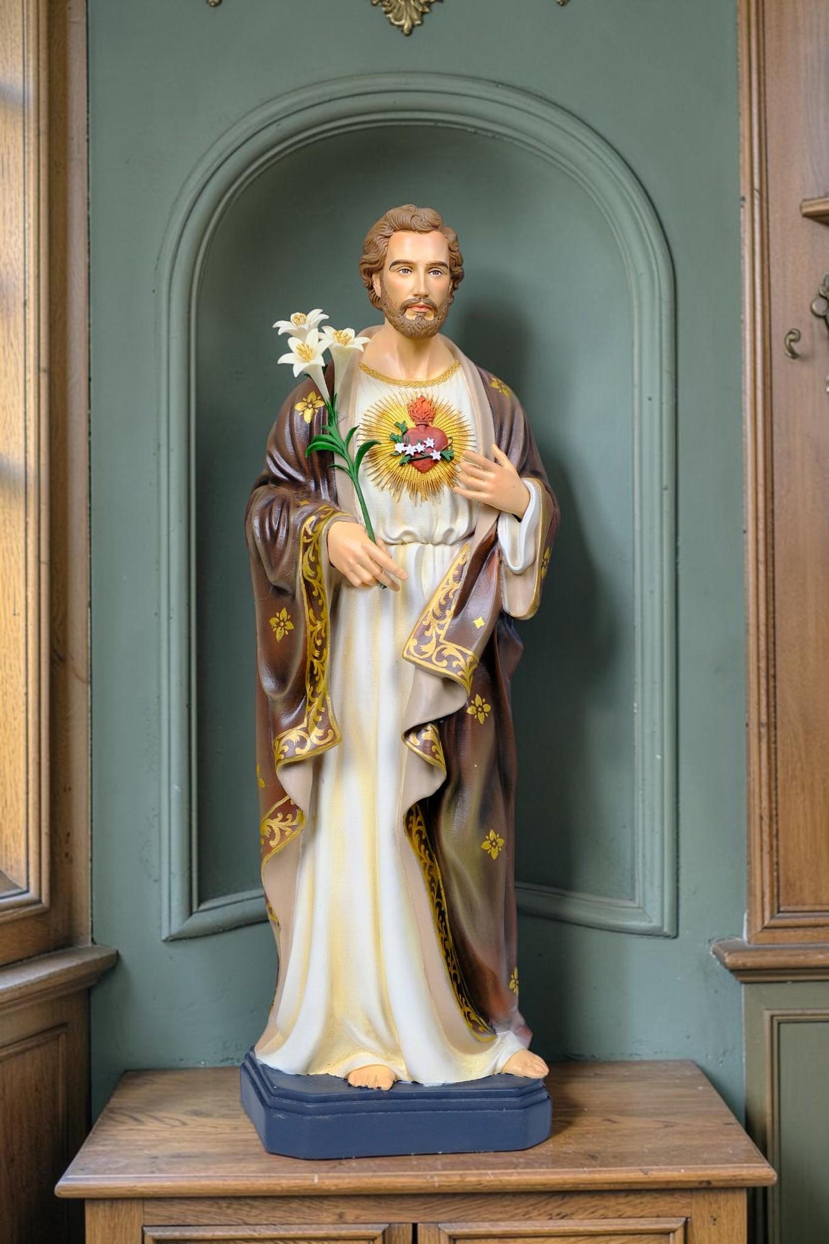 Saint Joseph 40cm Green Catholic Statue with Hand Painted Floral Patterns