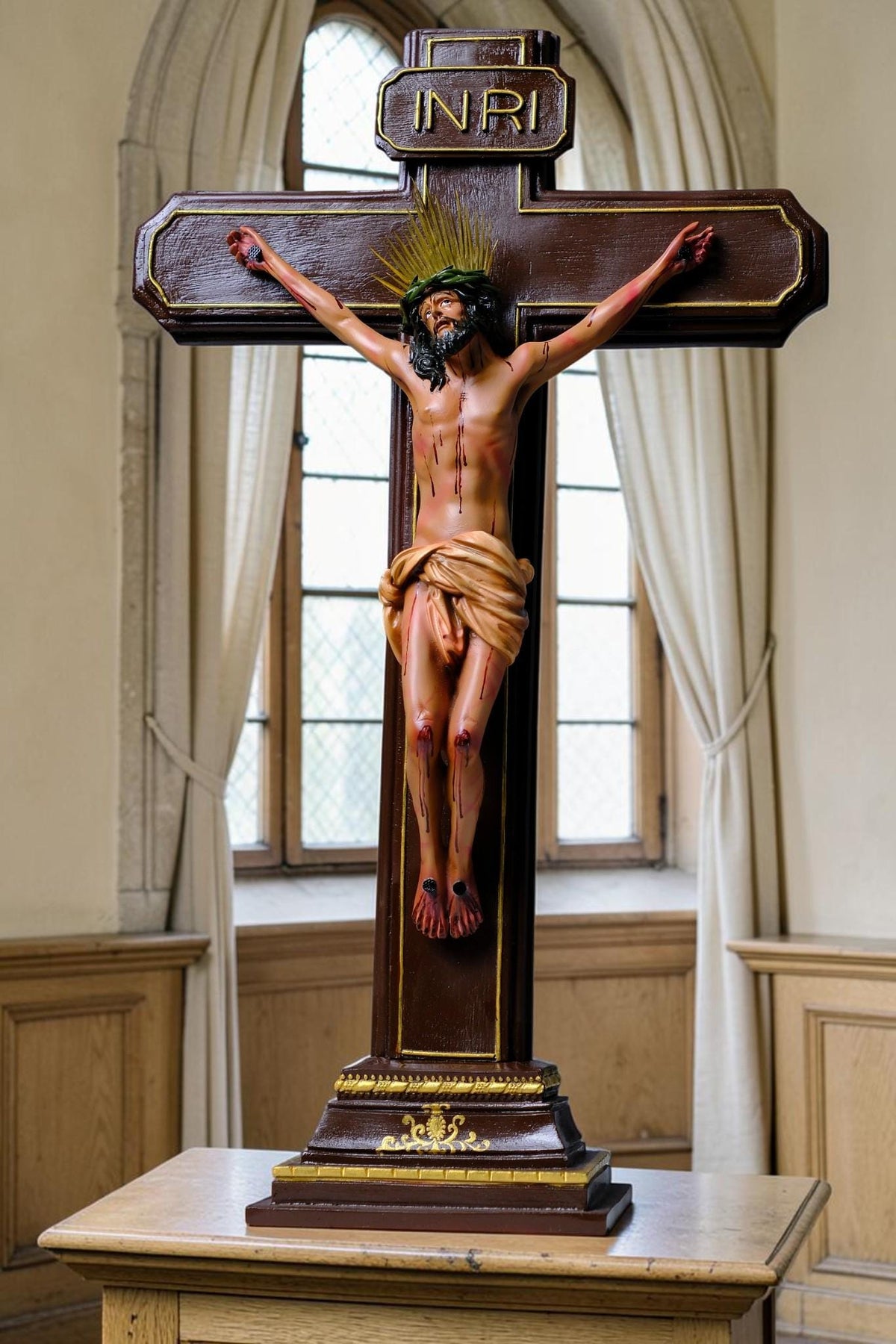 Jesus on the Cross 55cm Antique Style Catholic Crucifix Stone Resin Statue