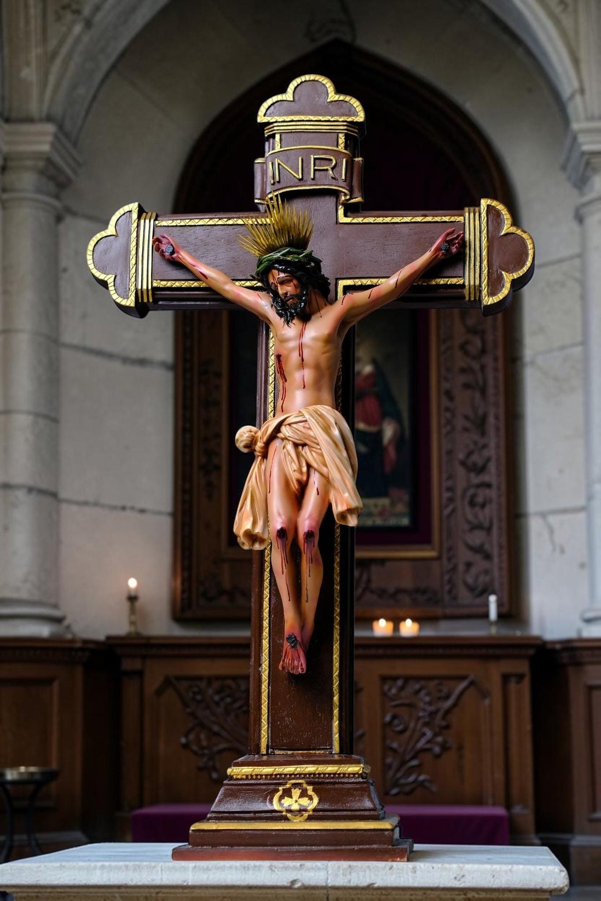 Crucified Jesus Statue 55cm Antique Catholic Crucifix with Brass Halo