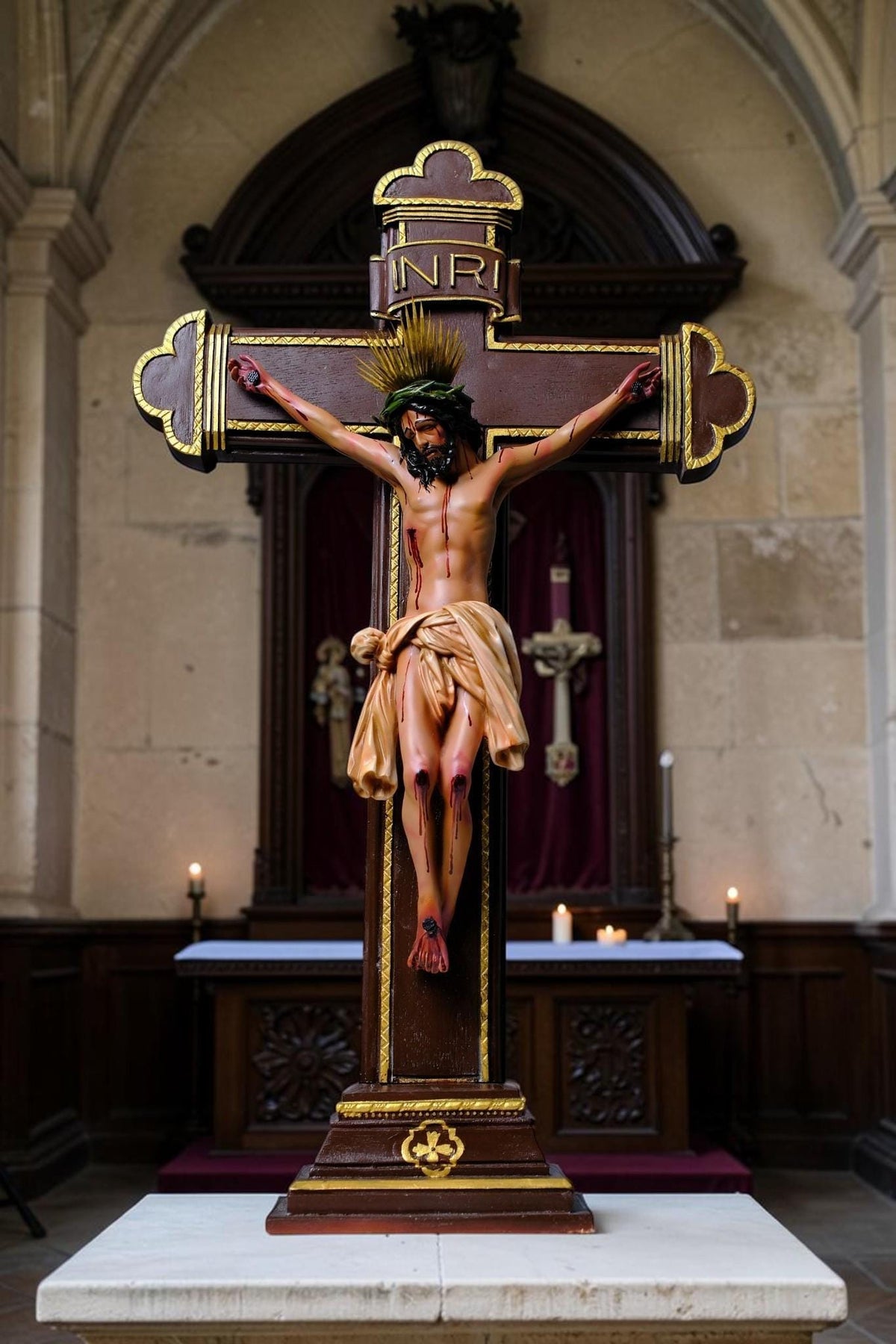 Crucified Jesus Statue 55cm Antique Catholic Crucifix with Brass Halo